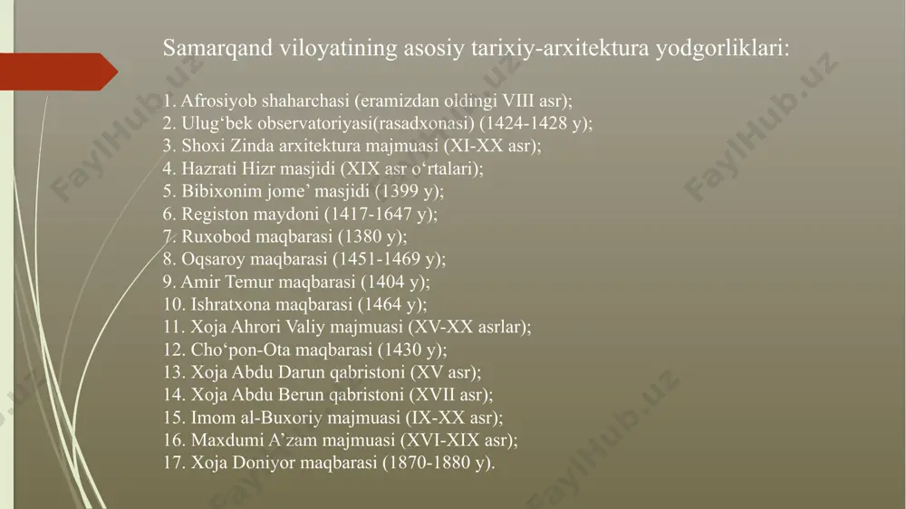 لل ةمظعلا ‘ه لل ركشلا ‘ه لل ءاقبلا ‘ه لل كلملا – “mulk xudoni-kidir”, “boqiylik xudoga xos”, “shukr – xudoga”, “buyuklik xudoga xos”; pastida esa suls xatida rasululloh (s. a. v.)ning hadislari: “rasululloh (s. a. v.): “olim bo’l yoki ta’lim oluvchi bo’l, eshituvchi bo’l yo (ilmni) sevuvchi bo’l. (beshinchi toifadan, ya’ni ilmga befarqlardan bo’lmaki, halok bo’lasan)”, – deb o’yib yozilgan. (payg’ambar) alayhissalom yana: “kim olimni ulug’lasa, bas, meni ulug’lagan bo’ladi”, – dedilar. rasululloh to’g’ri aytdilar.” peshtoqning marmar panellarida ham bitiklar mavjud. uning tepa qismlarida kufiy xatida: ‘ه لل ةمظعلا ‘ه لل ركشلا ‘ه لل ءاقبلا ‘ه لل كلملا – “mulk xudoni-kidir”, “boqiylik xudoga xos”, “shukr – xudoga”, “buyuklik xudoga xos”; pastida esa suls xatida rasululloh (s. a. v.)ning hadislari: “rasululloh (s. a. v.): “olim bo’l yoki ta’lim oluvchi bo’l, eshituvchi bo’l yo (ilmni) sevuvchi bo’l. (beshinchi toifadan, ya’ni ilmga befarqlardan bo’lmaki, halok bo’lasan)”, – deb o’yib yozilgan. (payg’ambar) alayhissalom yana: …