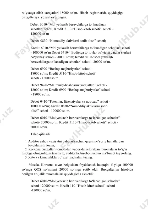 beruvchilarga to‘lanadigan schotlar” schoti- 20000 so‘m; kredit 5110-“hisob-kitob schoti” schoti - 20000 so‘m. talab qilinadi: 1. auditor ushbu vaziyatni baholash uchun qaysi me’yoriy hujjatlardan foydalanishi lozim; 2. korxona buxgalteri tomonidan yuqorida keltirilgan muomalalar to‘g‘ri hisobga olinganligini tekshirib, auditorlik hisoboti uchun ma’lumot tayyorlang. 3. xato va kamchiliklar ro‘yxati jadvalini tuzing. masala. korxona tovar belgisidan foydalanish huquqini 5-yilga 100000 so‘mga qqs so‘mmasi 20000 so‘mga sotib oldi. buxgalteriya hisobida berilgan xo‘jalik muomalalari quyidagicha aks etdi: debet 6010-“mol yetkazib beruvchilarga to‘lanadigan schotlar” schoti-120000 so‘m; kredit 110-“hisob-kitob schoti” schoti -120000 so‘m. debet 0420-“savdo markalari, mahsulot belgilari va sanoat namunalari” schoti -120000 so‘m; kredit 6010 - “mol yetkazib beruvchilarga to‘lanadigan schotlar” schoti -120000 so‘m. talab qilinadi: 1. auditor ushbu vaziyatni baholash uchun qaysi me’yoriy hujjatlardan foydalanishi lozim; 2. ushbu holatda auditor qanday audit usullaridan foydalanishi lozim? 3. bunday holatda auditorlar qanday yo‘l tutishlari lozim? 4. xato va kamchiliklar ro‘yxati jadvalini tuzing. masala. “coca-cola”firmasida 2006 - yili …