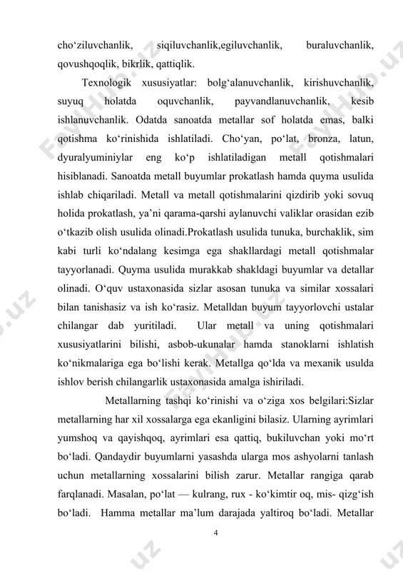 ar va ularning xususiyatlari, sanoatning metalga ishlov berish tarmoqlari, materiallardan texnika va insonning madaniy hamda maishiy ehtiyojlarini qondiruvchi ishlab chiqarish. kurs ishining predmeti: amaliy mashg’ulotlar jarayonida o’quvchilar turli asboblar hamda moslamalar, o’lchov asboblari bilan ishlash malakalarini egallaydilar. ular bu asbob va moslamalarning har xil turlari bilan tanishadilar. kurs ishining tuzilishi: kurs ishi kirish, ikkita bob (4ta paragraf), xulosa, foydalanilgan adabiyotlar va ilovalardan iborat. i bob.metallarga ishlov berish texnologiyasi. 1.1.metallni qo’lda qirqish asboblari. metallni qirqish. metallni bo’laklarga bo’lish uchun arralashpolotnosi, qaychi va boshqa kesuvchi asboblardan foydalaniladi. metallni qirqish uchun asbob . qalin bo’lgan listli, polosali kesimi doira shaklida bo’lgan, profilli metallarni qirqish uchun qo’l-temir arrasi ishlatiadi. u paz, shlis, aylana bo’ylab belgi qilish uchun ham ishlatiladi (8-rasm). temir arra polotnosi tishlarini shunday o’rnatish kerakki, uning egilgan tishlarining uchlari ushlagichga teskari bo’lsin. sal tortilgan polotnoning tishlari arralagan payitda sinib ketishi mumkin, aksincha agar polotno juda qattiq tortilib o’rnatilsa, sal qiyalikdan ham polotno …