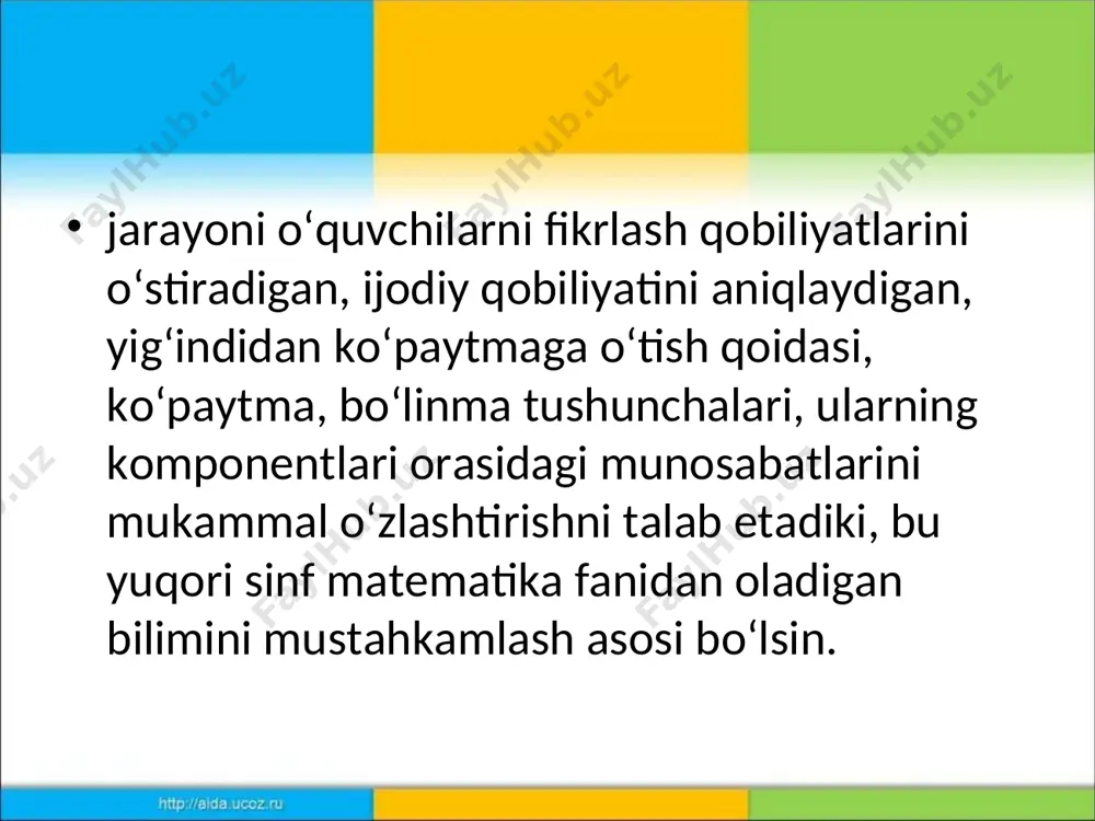 n fikrlash (tafakkur) usuli analiz deb ataladi. predmetlar yoki hodisalar orasida bog‘lanishlar o‘rnatishga yo‘naltirilgan tafakkur usuli sintez deb ataladi. 100 sonida nechta o‘nlik va nechta birlik bor, degan savolga javob berishda o‘quvchilar sonni analiz qilishadi. shu so‘zlarga amal qilishadi (ya’ni noto‘la analiz o‘tkazishadi), bunday qilish esa ko‘pincha xatoga, ya’ni xato sintezga olib keladi. тaqqoslash usuli qaralayotgan sonlar, arifmetik misollar, masalalarning o‘xshash va farqli alomatlarini ajratishdan iborat. matematika boshlang‘ich kursi taqqoslash usulining qo‘llanilishi uchun katta imkoniyatlar ochib beradi: sonlarni, ifodalar va sonlarni taqqoslash; ikkita ifodani taqqoslash; masalalarni taqqoslash va h.k. yangi matematika tushunchalarni, qonunlarni tarkib toptirishda bolalar umumlashtirishga duch keladilar. umumlashtirish – bu o‘rganilayotgan ob’ektlardan umumiy muhim tomonlarini ajratish va ularni muhim emaslaridan ajratishdan iborat.