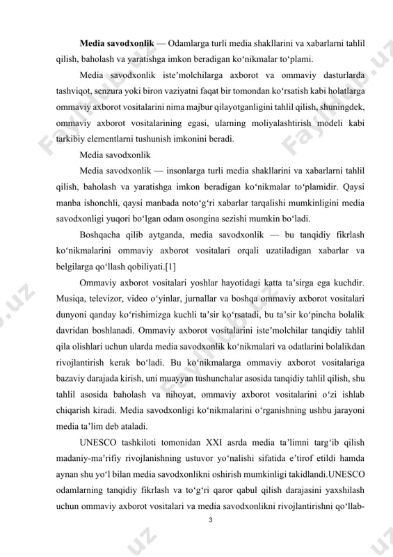 eʼtirof etildi hamda aynan shu yoʻl bilan media savodxonlikni oshirish mumkinligi takidlandi.unesco odamlarning tanqidiy fikrlash va toʻgʻri qaror qabul qilish darajasini yaxshilash uchun ommaviy axborot vositalari va media savodxonlikni rivojlantirishni qoʻllab-quvvatlaydi. tashkilot, ayniqsa, siyosatchilar, oʻqituvchilar, ommaviy axborot vositalari mutaxassislari, yoshlar tashkilotlari va ushbu sohadagi nochor aholi qatlamlarining salohiyatini oshirishga intiladi, aʼzo davlatlarga milliy ommaviy axborot vositalari va axborot savodxonligi siyosati va strategiyalarini shakllantirishda yordam beradi. media savodxonlikni oʻrganadigan eng qadimgi tashkilot bu national telemedia council (milliy telemedia kengashi) viskonsin shtatining madison shahrida joylashgan va marieli rou 50 yildan ortiq rahbarlik qilgan. tashkilot dastlab „telemedium“ deb nomlanuvchi media savodxonlik jurnalini nashr ettirgan. dunyoning turli mamlakatlarida media savodxonlik boʻyicha dasturlar ishlab chiqilgan. hozir ushbu dasturlarni davlatlar kesimida koʻrib chiqamiz. turli mamlakatlarda media savodxonlikni oshirish boʻyicha bajarilgan ishlar amerika qoʻshma shtatlari aqshda media savodxonlikni oshirish boʻyicha bir-nechta federal agentliklar tomonidan dasturlar ishlab chiqilgan. masalan, aqsh federal savdo komissiyasi tomonidan ishlab chiqilgan admongo dasturi …