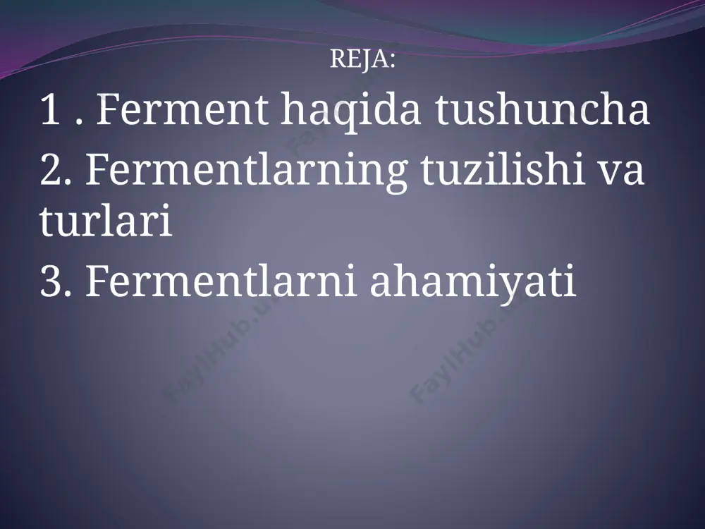 boʻlgan bir qancha oqsil subbirliklar (biopolimerlar)dan iboratligi koʻrsatildi. fermentlar. barcha oqsillar kabi oddiy va murakkab boʻladi. murakkab fermentlarning molekulalari ikki komponentdan: oqsil (apoferment) va oqsil boʻlmagan — prostetik guruh komponentidan iborat. prostetik guruh apofermentdan oson ajraladigan hollarda kofaktor yoki koferment deb ataladi. uglevodlar, nukleotidlar, turli metallarning ionlari va boshqa birikmalar, vitaminlar hamda ularning hosilalari (vitaminlari kofermentlardan iborat 150 dan ortiq fermentlar maʼlum) kofermentlar boʻlishi mumkin. avitaminoz va gipovitaminozlarda koʻpgina ferment tizimining funksiyasi izdan chiqadi, bu butun organizm normal hayot faoliyatining buzilishiga sabab boʻladi. koʻpchilik fermentlar aʼzo va toʻqimalarda shu darajada kamki, qatto ularning absolyut miqdorini (mas, milligrammlarda) bilish qiyin. shu sababli fermentlarning istalgan aʼzodagi miqdorini, ularning faolligiga qarab aniklanadi. fermentlarning faollik birligi uchun bir min.da maʼlum miqdordagi substratning oʻzgarishini katalizlashga ketgan fermentlar miqsori qabul qilingan. fermentlarning taʼsir etishi bir qator omillarga, xususan, temperatura va muhit rn ga (rn — vodorod koʻrsatkich) bogʻliq. fermentlarning taʼsir etish optimum temperaturasi 38—60°, temperatura bundan …