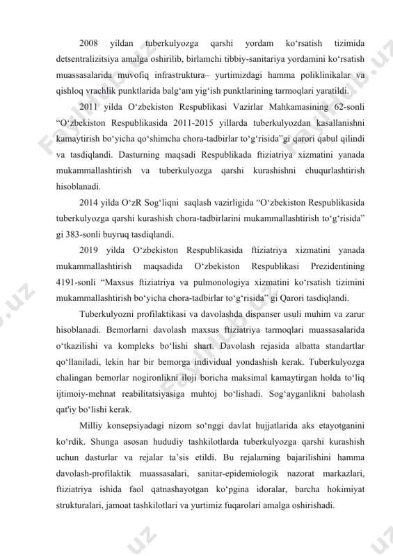 balg‘am yig‘ish punktlarining tarmoqlari yaratildi. 2011 yilda o‘zbekiston respublikasi vazirlar mahkamasining 62-sonli “o‘zbekiston respublikasida 2011-2015 yillarda tuberkulyozdan kasallanishni kamaytirish bo‘yicha qo‘shimcha chora-tadbirlar to‘g‘risida”gi qarori qabul qilindi va tasdiqlandi. dasturning maqsadi respublikada ftiziatriya xizmatini yanada mukammallashtirish va tuberkulyozga qarshi kurashishni chuqurlashtirish hisoblanadi. 2014 yilda o‘zr sog‘liqni saqlash vazirligida “o‘zbekiston respublikasida tuberkulyozga qarshi kurashish chora-tadbirlarini mukammallashtirish to‘g‘risida” gi 383-sonli buyruq tasdiqlandi. 2019 yilda o‘zbekiston respublikasida ftiziatriya xizmatini yanada mukammallashtirish maqsadida o‘zbekiston respublikasi prezidentining 4191-sonli “maxsus ftiziatriya va pulmonologiya xizmatini ko‘rsatish tizimini mukammallashtirish bo‘yicha chora-tadbirlar to‘g‘risida” gi qarori tasdiqlandi. tuberkulyozni profilaktikasi va davolashda dispanser usuli muhim va zarur hisoblanadi. bemorlarni davolash maxsus ftiziatriya tarmoqlari muassasalarida o‘tkazilishi va kompleks bo‘lishi shart. davolash rejasida albatta standartlar qo‘llaniladi, lekin har bir bemorga individual yondashish kerak. tuberkulyozga chalingan bemorlar nogironlikni iloji boricha maksimal kamaytirgan holda to‘liq ijtimoiy-mehnat reabilitatsiyasiga muhtoj bo‘lishadi. sog‘ayganlikni baholash qat'iy bo‘lishi kerak. milliy konsepsiyadagi nizom so‘nggi davlat hujjatlarida aks etayotganini ko‘rdik. shunga asosan hududiy …