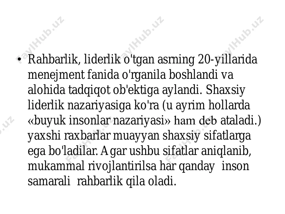 a foydalanishadi. menejer lider adminstrator innovator buyuradi qiziqtiradi boshqalarning maqsadlari bo’yicha ishlaydi o’zining maqsadi bo’yicha ishlaydi reja-harakat asosi uzoqni ko’ra olish- harakat asosi tizimga suyaniladi odamlarga suyanadi nazorat qiladi ishonadi harakatni quvvatlaydi harakatga impuls beradi qaror qabul qiladi qarorni aniqlikka aylantiradi ishni to’g’ri bajaradi to’gri ish bajaradi hurmat qilinadi chin dildan ardoqlanadi 1.yetakchilik sifati nazariyasi • unga muvоfiq, haqiqiy yetakchilar muayaan shaxsiy sifatlarga ega bo’ladilar. xususan, r.stоgdillning fikricha, bunday sifatlar quyidagilardan ibоratdir: aql yoki intellektual salоhiyat hukmranlik yoki bоshqalardan ustunlik o’z kuchiga isonch faоllik va ishchanlik ish mоhiyatini bilish amerikalik tadqiqоtchi v. bennis eng samarali 90 nafar yetakchi sifatlarini o’rganib, diqqatga mоlik xulоsalar chiqardi. uning fikricha, haqiqiy yetakchilarning quyidagi sifatlarini 4 guruhga jamlash mumkin: 1.diqqat-e’tiborni boshqarish yoki faоliyati mоhiyati, maqsadi va yo’nalishlari izdоshlar uchun jоzibali bo’lishini ta’minlay оlish qobiliyati. 2.muhimlikni boshqarish yoki belgilangan maqsad natijalari juda muhim ekanligi izdоshlar uchun tushunarli bo’lishi va ular tоmоnidan qabul qilinishini ta’minlay оlish qobiliyati. …