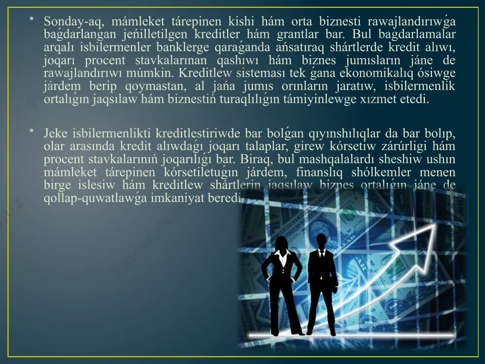 qarjı shólkemleri menen birgelikte, kredit alıw shártlerin jeńillestiriw hám procent stavkaların tómenletiw arqalı isbilermenlerdi xoshametleydi. biraq, jeke isbilermenlikti kreditlewde bir qansha mashqalalar bar. máselen, joqarı procent stavkaları, girew talapları hám kredit alıw ushın úlken finanslıq kepilliklerdiń bar ekenligi kishi biznes ushın tosqınlıq bolıwı múmkin. sonday-aq, kredit alıwdıń qıyınshılıǵı hám byurokratiyalıq processler de isbilermenlerdiń jumısın sheklewge alıp keledi. solay etip, kreditlew sistemasın jáne de ápiwayılastırıw, kóbirek isbilermenler ushın jeńillikler jaratıw hám bankler menen shártnama dúziwde ashıq-aydınlıqtı arttırıw áhmietli. paydalanilǵan ádebiyatlar. 1.ўзбекистон республикасининг конституцияси. — т.: ўзбекистон, 2008. 2. ўзбекистон республикасининг «сугурта фаолияти тўғрисида»ги қонуни.//халк сўзи, 28.05.2002 й. 3. ўзбекистон республикаси п резидентининг 2011 йил 31 майдаги «сугуртачиларнинг молиявий баркарорлигини янада ошириш­ га оид қўш имча чора-тадбирлар тўғрисида»ги пқ-1544-сонли қарорига илова. 4. ўзбекистон республикасининг «транспорт воситалари эгала­ рининг фукаролик жавобгарлигини мажбурий сугурта килиш тўғрисида»ги қонуни. ўзбекистон республикасининг қонун хуж ж атлари тўплам и. — т.: а дли я вазирлиги, 2008, 17-сон. 5. …