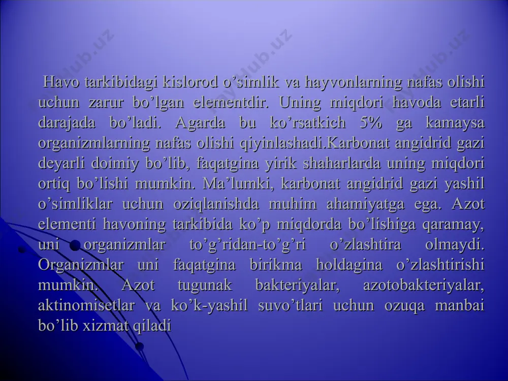 uqa bilan ta’minlaydi, ya’ni o’simlik tuproqdan suv va unda erigan mineral moddalarni oladi. o’simlikka tuproqning xususiyatlari va kimyoviy tarkibi hamda mikroflorasi juda katta ta’sir qiladi. tuproqning kimyoviy xossalaridan biri uning kislotaliligi bo’lib, bu vodorod ionlar konsentrasiyasi bilan ifodalanadi. tuproqning kimyoviy tabiatiga (rn ga) qarab, asedofil (kislotali), neytrofil (neytral), bazofil (ishqoriy) o’simlik turlari yoki jamoalari ajratiladi. tuproqdagi o’simliklar uchun zarur bo’lgan kimyoviy elementlardan azot, fosfor, kaliy, kalьsiy, magniy, oltingugurt, temir kabi makroelementlar va mis, bor, rux, molibden kabi mikroelementlar muhim ekologik ahamiyatga ega. tuproq muhitida tarqalgan o’simlik, hayvonlar va ularning guruhlanishi tuproq suv, havo va turli organizmlarning birgalikdagi ta’siri natijasida tog’ jinslarining tabiiy holda o’zgargan tashqi qatlamidir. tuproqning muhit sifatida organizm uchun ko’rsatadigan asosiy xususiyatlariga uning tabiiy va kimyoviy tarkibi hamda unda moddalarning aylanib turishi, ya’ni gazlar, suv, organik, va mineral moddalarning ion holida aylanishlari kabilar kiradi. shu bilan birga tuproqda yashovchi o’simlik va hayvonot turlari uning tabiiy-kimyoviy xususiyatlarining o’zgarishiga ham …