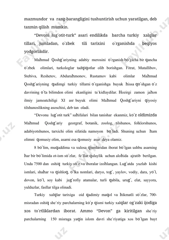 pik doston-qo`shiqlar ko`proq jangnoma xarakterida bo`lib, ba`zi yirik parchalarga shartli ravishda “tangutlar bilan jangnoma”, “uyg`urlar bilan jangnoma”, “yabaku bilan jangnoma” deb nom qo`yilgan. ularda turkiy elatlarning shijoati, qiyinchiliklarga bardoshi, jasurligi, harbiy hiylalar, siyosiy kurash, elparvarlik, mardlik tuyg`ulari tavsif etilgan. devonda saqlangan 2 yirik asar ko`pchilikning diqqatini o`ziga tortadi: 1. “alp er to`nga marsiyasi”. 2. “qish bilan yoz mulozaryasi”. “devonu lug`otit turk” da dunyo xaritasi doira shaklida chizib ko`rsatilgan. uning markazida markaziy osiyo joylashgan. bolasog`un, shosh, o`zgan, isfijob, marg`inon kabi shaharlar ushbu hududga aloqador ko`rsatilgan. xi asr jug`rofiy tasavvurlaridan darak beruvchi xaritaning ilova qilinishi qoshg`ariyning qomusiy alloma ekanligini yana bir marta isbotlaydi. xi asrda yaratilgan “devonu lug`otit turk” asaridagi she`riy parchalar 5-6 asrlarga tegishlidir. ular bir qancha adabiy janrlarda yaratilgan bo`lib, masnaviy, munozara, to`rtlik, ruboiy, murabba` shular jumlasidandir. to`rtlik shakliga tayangan she`riy parchalarni mahmud koshg`ariy, asosan, “qo`shug`” deb ataydi. mehnat va marosim qo`shiqlari, lirik she`rlar a-a-a-b shaklida qofiyalangan. to`rtliklar orasida a-b-v-b, …