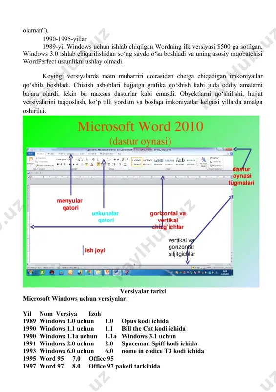 lar tarixi microsoft windows uchun versiyalar: yil nom versiya izoh 1989 windows 1.0 uchun 1.0 opus kodi ichida 1990 windows 1.1 uchun 1.1 bill the cat kodi ichida 1990 windows 1.1a uchun 1.1a windows 3.1 uchun 1991 windows 2.0 uchun 2.0 spaceman spiff kodi ichida 1993 windows 6.0 uchun 6.0 nome in codice t3 kodi ichida 1995 word 95 7.0 office 95 1997 word 97 8.0 office 97 paketi tarkibida 1998 word 98 8.5 office 97 paketi tarkibida 1999 word 2000 9.0 microsoft office 2000 paketi tarkibida 2001 word 2002 10.0 microsoft office xp paketi tarkibida 2003 office word 2003 11.0 office 2003 paketi tarkibida 2006 office word 2007 12.0 office 2007 paketi tarkibida ( interfeysning revolutsion oʻzgarishi, ooxml formatini qoʻllay olishi — *.docx) 2010 word 2010 14.0 office 2010 paketi tarkibida 2013 word 2013 15.0 office 2013 paketi tarkibida 2015 word 2016 16.0 office 2016 paketi tarkibida 2018 word …