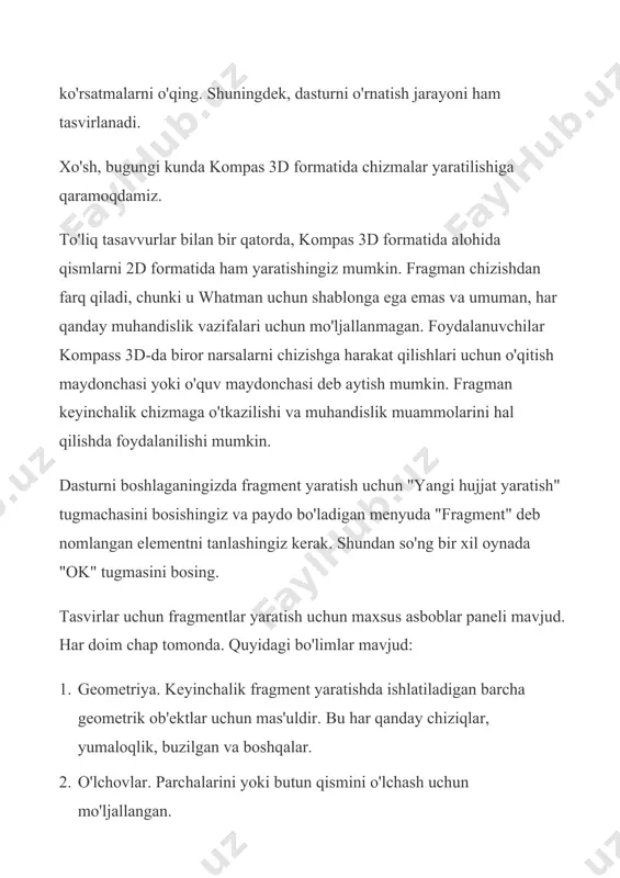 yuzaki. bu erda ekstruzion sirtini, aylanish, mavjud sirtni ko'rsatish yoki uni bir qator to'siqlardan yaratish, tuzatish va boshqa shunga o'xshash operatsiyalarni belgilashingiz mumkin. arrays foydalanuvchining egri chiziqlari qatorini to'g'ridan-to'g'ri, o'zboshimchalik bilan yoki boshqa yo'l bilan belgilashi mumkin. keyinchalik, bu qator avvalgi menyu elementidagi sirtlarni aniqlash yoki ular haqida hisobotlarni yaratish uchun ishlatilishi mumkin. yordamchi geometriya. siz ikkita chegarada eksa chizishingiz, mavjud bo'lganlarga nisbatan ofset tekisligi yaratishingiz, mahalliy koordinatalar tizimini yaratishingiz yoki muayyan harakatlar amalga oshiriladigan hudud yaratishingiz mumkin. o'lchov va diagnostika. ushbu element bilan siz masofani, burchakni, chekka uzunligini, maydonini, massa markazlashishini va boshqa xususiyatlarini o'lchashingiz mumkin. filtrlar. foydalanuvchi jismlarni, doiralarni, samolyotlarni yoki boshqa elementlarni maxsus parametrlar yordamida filtriga qo'yishi mumkin. shartnoma. 3d modellar uchun mo'ljallangan ba'zi xususiyatlarga ega bo'lgan qismdagi kabi. hisobotlar. bizga ham tanish bo'lgan. dizayn elementlari. bu bir parcha yaratishda uchrashgan biz "o'lchovlar" deyarli bir xil element. ushbu element bilan masofani, burchakni, radiusli, diametrik va boshqa turdagi …