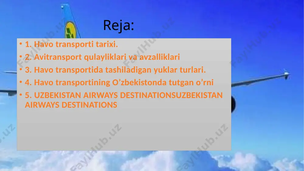 -2, ka-26 vertolyotlari oʻzlashtirildi, mahalliy havo kemalarida an—24, yak—40 samolyotlari qatnay boshladi. ayni vaqtda dalalarga mineral oʻgʻitlar va zararkunanda hasharotlarga qarshi preparatlar sepishda, gʻoʻzani defoliatsiya qilish ishlarida aviatsiyadan keng foydalanildi. qoʻqon (1947), samarqand (1948), qarshi (1955), buxoro (1963) va toshkent yaqinidagi sergeli (1961) da yangi aeroportlar qurildi. 1974 yildan il-62, 1977 yildan tu—154 samolyotlari, 1982 yil dekabrdan il—86 aerobuslari respublika havo yoʻllarida ucha boshladi. 1980 yilga kelib oʻzbekiston havo transporti havo yoʻllarining uzunligi 155 ming km dan ortiq boʻldi (shu jumladan, mahalliy havo yoʻllari uzunligi 60,1 ming kilometrni tashkil etdi). oʻzbekiston respublikasi mustaqillikka eʼlon qilganidan keyin oʻzbekiston respublikasi prezidenti farmoniga muvofiq, 1992 yil 28 yanvarda sobiq ittifoq fuqaro aviatsiyasi vazirligi tasarrufida boʻlgan oʻzbekiston fuqaro aviatsiyasi boshqarmasi negizida "oʻzbekiston havo yoʻllari" milliy aviakompaniyasi tashkil etildi. shuningdek, xalqaro havo qatnovini tashkil qilish rejalashtirilgan edi, bu toshkent - london reysi yordamida amalga oshirildi.ichki parvozlar dastlab rasmiy ravishda aeroflotga tegishli bo'lgan samolyotlarda amalga oshirilgan. …