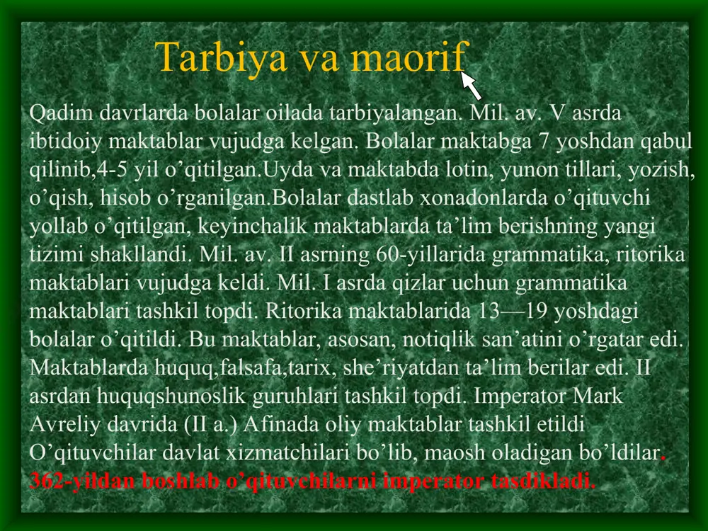 itektura imperator shaxsiyatini ulug’lashga va imperiya qudratini ko’z-ko’z qilishga xizmat qildi imperatorlardan trayan davrida haykallarda qahramonlik ko’proq ifodalangan bo’lsa, adrian va antoniy hukmronligi yillarida obrazlarda psixologik teranlik ko’zga tashlandi. bezak rassomligida yengil naqshlar, kichik syujetli rasmlar ishlashga ko’proq ahamiyat berildi. (63y.gacha), keyin murakkab arxitektura kompozitsiyalari ko’proq aks ettirildi. ii asrdan oq-qora tosh mozaikasi keng tarqaddi. imperiya davrida amaliy bezak san’atida metallni badiiy ishlash, qizil sirli sopol idish va buyumlar, shisha buyumlar tayyorlash avj oldi. the end