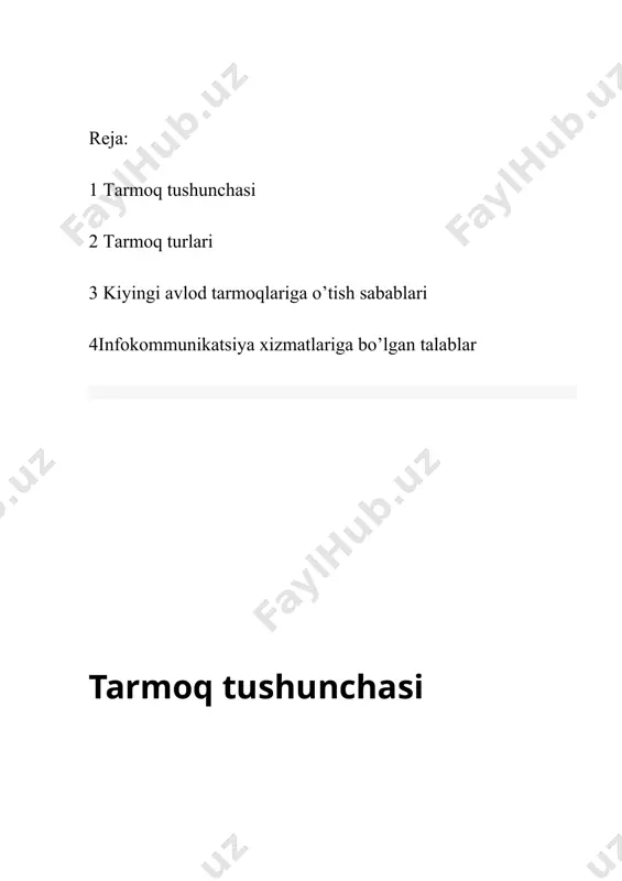 ahar qamrovidagi tarmoq. 1000 metr masofani o'zida qamrab oladi va o'zida 1000 ta foydalanuvchilarni o'ziga birlashtiradi. 5. wan (wide area network) – global kompyuter tarmog'i hisoblanadi. million abonentlarni o'zida birlashtiradi (internet). osi va tcp/ip tarmoqni ishlashi uchun esa bizga osi modeli va tcp/ip protokollar steki zarur hisoblanadi. osi (open system interconnection) modeli 7ta pog'onadan iborat va har bir pog'ona paket (ma'lumot uzatishning bir turi hisoblanadi) hosil qilishda o'z belgisini qo'yib boradi. ya'ni bunda agar ma'lumot biror qurilmadan chiqib ketishdan oldin 7-pog'onadan boshlab pastki pog'onaga tushib borib paket ko'rinishiga keladi va uzatiladi. ikkinchi kompyuter uni qabul qilib olgandan so'ng esa 1-pog'onadan boshlab yuqoriga qarab chiqib boradi va ma'lumot ko'rinishiga keladi. bunda agar qaysidir pog'onada xatolik bo'lsa, paket qaytadan so'raladi yoki so'rov bekor qilinadi (bu tushunchalar nisbiy hisoblanib, ma'lumot almashinuv aynan aytilganidek amalga oshirilmaydi). osi modelining 7ta pog'onasi: osi modeli etalon model bo'lib, bu faqat nazariy jihatdan mavjud. hozirgi kunda bu model …