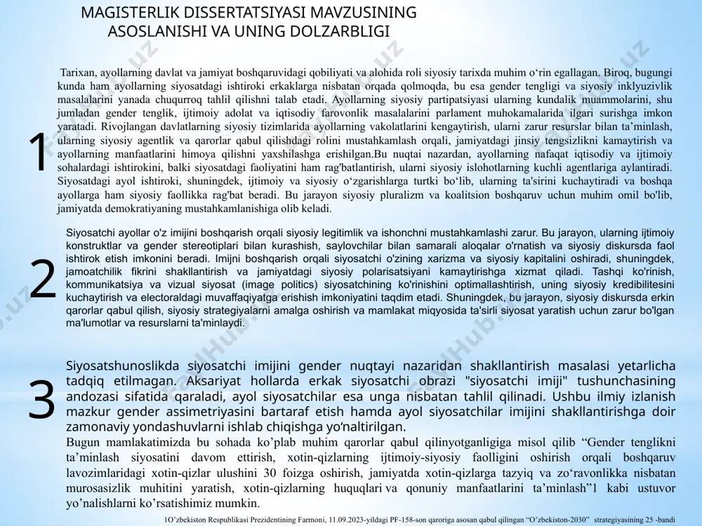 . rivojlangan davlatlarning siyosiy tizimlarida ayollarning vakolatlarini kengaytirish, ularni zarur resurslar bilan ta’minlash, ularning siyosiy agentlik va qarorlar qabul qilishdagi rolini mustahkamlash orqali, jamiyatdagi jinsiy tengsizlikni kamaytirish va ayollarning manfaatlarini himoya qilishni yaxshilashga erishilgan.bu nuqtai nazardan, ayollarning nafaqat iqtisodiy va ijtimoiy sohalardagi ishtirokini, balki siyosatdagi faoliyatini ham rag'batlantirish, ularni siyosiy islohotlarning kuchli agentlariga aylantiradi. siyosatdagi ayol ishtiroki, shuningdek, ijtimoiy va siyosiy o‘zgarishlarga turtki bo‘lib, ularning ta'sirini kuchaytiradi va boshqa ayollarga ham siyosiy faollikka rag'bat beradi. bu jarayon siyosiy pluralizm va koalitsion boshqaruv uchun muhim omil bo'lib, jamiyatda demokratiyaning mustahkamlanishiga olib keladi. siyosatchi ayollar o'z imijini boshqarish orqali siyosiy legitimlik va ishonchni mustahkamlashi zarur. bu jarayon, ularning ijtimoiy konstruktlar va gender stereotiplari bilan kurashish, saylovchilar bilan samarali aloqalar o'rnatish va siyosiy diskursda faol ishtirok etish imkonini beradi. imijni boshqarish orqali siyosatchi o'zining xarizma va siyosiy kapitalini oshiradi, shuningdek, jamoatchilik fikrini shakllantirish va jamiyatdagi siyosiy polarisatsiyani kamaytirishga xizmat qiladi. tashqi ko'rinish, kommunikatsiya …