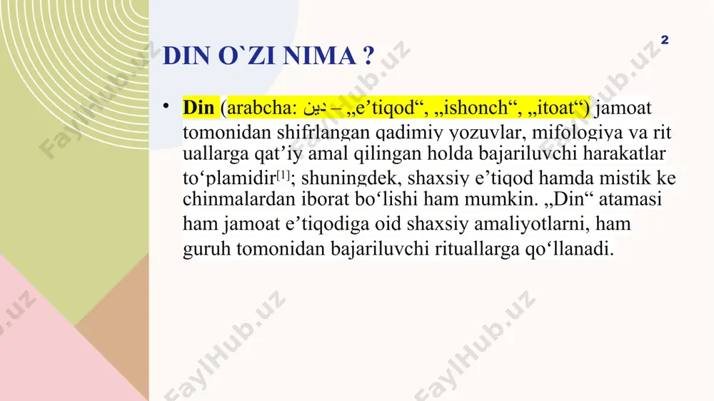 ga ko‘maklashadi. buning natijasida dinshunoslikda yangi yo‘nalish – qiyosiy dinshunoslik shakllandi; 7 — strukturaviy-funksional metod din, diniy tashkilot, ramz va boshqa diniy tushunchalar strukturasi va ularning funksiyalarini ochib berishga xizmat qiladi. diniy tizim elementlarini alohida ajratib olish va ularni o‘zaro taqqoslash ular faoliyatini chuqur o‘rganishga muhim omil bo‘ladi. din bunday sharoitlarda tizimosti shaklida namoyon bo‘ladi; — tipologik metod dinning tarixiy turlarini tavsiflaydi. uning yordamida diniy ob’yektlarni biridan birini ajratish, guruhlash tufayli ularning konkret turlari haqida mulohaza yuritish mumkin bo‘ladi; — sosiologik metod dinni ma’lum bir sosial tizim yoki sosial tizimosti sifatida jamiyatning boshqa sosial institutlari bilan o‘zaro munosabatlar hamda aloqalarga kirishish jarayonlarini bilishning mexanizmlaridan biri bo‘lib gavdalanadi. sosiologik tahlil metodi diniy e’tiqodlar va ta’limotlar faoliyat ko‘rsatishining mexanizmlarini ochib berib, turli omillarning diniy mazmundagi vaziyatlarning rivojlanish tendensiyalarida tutgan o‘rnini ifodalab berishga xizmat qiladi; 9 image11.png image12.svg image1.png image2.svg image3.png image4.svg image13.png .msftofcthm_accent1_fill_v2 { fill:#f5cdce; } .msftofcthm_accent3_fill_v2 { fill:#aac3e8; } /docprops/thumbnail.jpeg