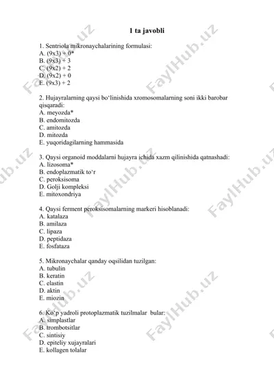 hujayra bo‘linishi va organellalari test savollari — DOC