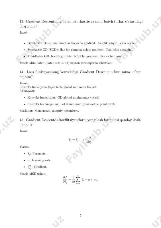 ahamiyati: tez konvergensiya, lok‘al minimumdan chiqish. 22. regressiyada xatolikni minimallashtirish qanday amalga oshiriladi? javob: 1. mse hisoblanadi. 2. gradientlar hisoblanadi. 3. parametrlar yangilanadi: θj = θj − α · ∂j ∂θj . 4. takrorlanadi. qo‘shimcha: normallashtirish, regularizatsiya. 7 23. gradient descentda adaptiv learning rate nima uchun ishlatiladi? javob: adaptiv learning rate α’ni dinamik sozlaydi. ahamiyati: • tez konvergensiya. • barqarorlik. • moslashuvchanlik. misollar: adam, rmsprop, adagrad. 24. loss funksiyasining turli turlari qanday vazifalarni hal qiladi? javob: • mse: regressiya, katta xatolarni jazolaydi. • cross-entropy: klassifikatsiya, ehtimolliklar. • hinge loss: svm, margin maksimallashtirish. • log loss: ehtimollik modellari. ahamiyati: vazifaga mos tanlash. 25. gradient descentda global minimumga yetish kafolati bormi? javob: kafolat faqat konveks funksiyalarda. xavflar: • konveks bo‘lmagan funksiyalarda lok‘al minimum. • noto‘g‘ri dastlab qiymatlar. yechim: momentum, bir necha sinov. 26. gradient descentning tezligini oshirish usullari qanday? javob: • momentum. • adaptiv optimizers (adam, rmsprop). • mini-batch gd. • ma’lumotlar …
