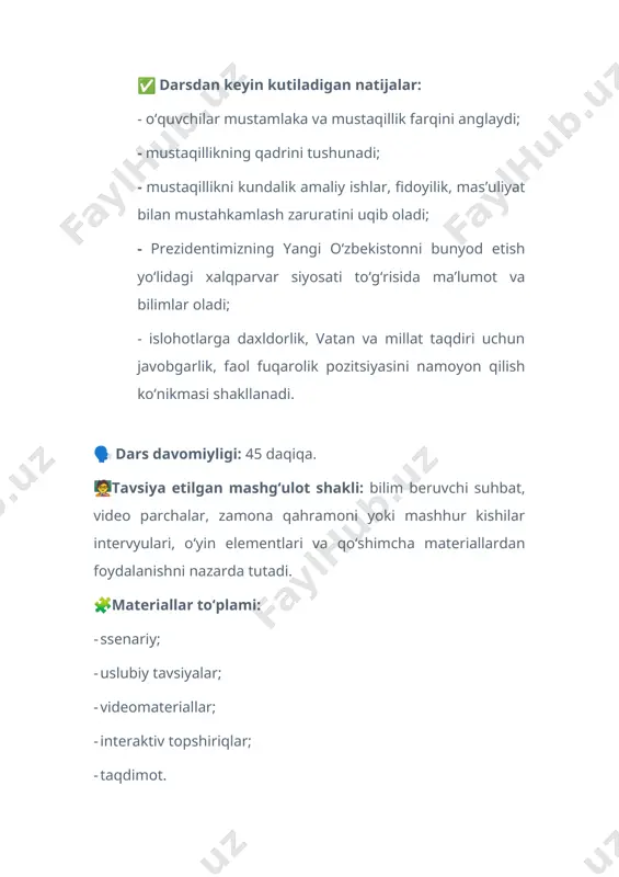 0 daqiqada mavzuning siyosiy-ijtimoiy ahamiyati, davlat rahbari tomonidan ayni mavzuga oid amalga oshirilayotgan sa’y-harakatlar bayon etiladi (prezentatsiya). 🟦 1. kirish. motivatsion qism(10 daqiqa) oʻqituvchi: – aziz oʻquvchilar. eshitgansiz, oʻqigansiz – fidoyi jadid bobomiz choʻlponning: koʻngil, sen bunchalar nega, kishanlar birla doʻstlashding? na faryoding, na doding bor, nechun sen buncha sustlashding?... tiriksan, oʻlmagansan, sen-da odam, sen-da insonsan. kishan kiyma, boʻyin egma, ki, sen ham hur tugʻulgʻonsan! degan oʻtli misralari bor. shoirning bu xitobi siz bilan bizga hurlik va ozodlikning qanchalar qadrli ekanini har daqiqa eslatib turadi. shu bilan birga, hech qachon mustamlakachilikka boʻyin egmaslik, boshqa barcha millat va elatlar bilan teng huquqqa ega oʻzbek xalqi oʻz erki va mustaqilligi yoʻlida tinimsiz kurashmogʻi kerakligini uqtirib turadi. siz hozirga qadar “tarix”, “adabiyot” darslari orqali uzoq va yaqin oʻtmishimizda yurtimiz, xalqimiz boshiga tushgan mustamlaka, istibdod, zulm va zoʻravonliklarning koʻplab misollari bilan tanishgansiz. va anglagansizki, turli bosqinchilarning bizning dunyoda tengi yoʻq ona diyorimizni oʻziga boʻysindirish, …