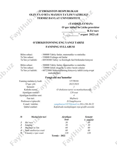 o'zbekistonning eng yangi tarixi fanining syllabusi — DOCX