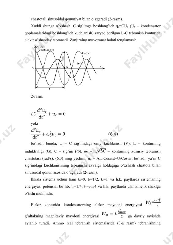 anishlar rezonansi) u = um sinωt kuchlanish manbaiga aktiv r, induktiv xl=ωl va sig’im qarshiliklar ketma-ket ulangan zanjir berilgan, deb faraz qilaylik (4-a rasm). zanjirning muvozanat tenglamasi (kirxgofning ikkinchi qonuniga ko’ra): u r + u l + u c= u yoki tenglama kompleks shaklda yozilganda: (6.6) zanjirning kompleks qarshiligi: zanjirda rezonans hodisasi sodir bo’lganda, unga berilayotgan kuchlanish aktiv qarshilikdagi ur kuchlanishning pasayishini to’ldirilib turishi kerak: bu j 0 bo’lganda, ωl= , ya’ni reaktiv elementlarning qarshiliklari o’zaro teng (xl=xc) bo’lishi mumkin. a) b) 4-rasm. rezonans vaqtida zmin = r va φ=0 bo’lib, zanjirdagi tok i bilan manba kuchlanishi u bir xil fazada turadi. rezonans payti uchun tok va kuchlanishlarning vektor diagrammasi 4-b rasmda berilgan. rezonans holatiga asosan ikkita usul bilan erishiladi: a) tebranish konturining parametrlari o’zgarmas (l=const va c=const) bo’lganda, manba chastotasi uni o’zgartirib (rostlab), xususiy tebranishlar chastotasi bilan tenglashtiriladi: ω = ω0 yoki b) manba chastotasi o’zgarmas (ω=const) bo’lganda, tebranish …