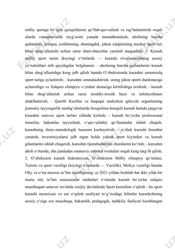i yilda bir marta oliy ta’lim muassasalar talabalari o‘rtasida kurash bo‘yicha xalqaro musobaqani ustuvor ravishda xorijiy davlatlarda sport kurashini o‘qitish - bu sport kurashi nazariyasi va uni o‘qitish usuliyati to‘g’risidagi bilimlar kurashchining asosiy o‘ziga xos musobaqa, hakamlik, pedagogik, tashkiliy faoliyati hisoblangan ko‘nikma va malakalar tizimini shakllantirishga qaratilgan maqsadli tashkil qilingan pedagogik jarayondir. kurs ishining maqsadi:talabalarga kurash sport turining umumiy qoidalari va atamalari haqida tushunchalar berish hamda kurash sportini rivojlanishini nazariy hamda ilmiy jihatdan o’rgatish kurs ishining vazifasi: talabalarga kurash sport turining umumiy qoidalari va atamalari haqida tushunchalar berish hamda ilmiy jihatdan o’rgatishning ahamiyati. kurashchilarning jismoniy tayyorgarligi 1.1. kurashchining ko’p yillik texnik-taktik va jismoniy tayyorgarligi kurashchining ko’p yillik tayyorgarligi - yuqori malakali sportchilarni tayyorlashga qaratilgan murakkab xamda uzoq davom etadigan pedagogik jarayondir. g.s. tumanyan (1982) fikricha, terener, ko’p yillik trenirovka rejasini tuzayotib, trenirovka va musobaqa nagruzkalari xajmi, yo’nalishi yildan yilga qay tarzda o’zgarib borishini, bu o’zgarishlar tarbiyalanuvchilarning ahloqiy, iroda, jismoniy, texnika-taktik …