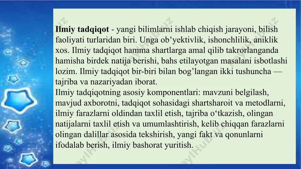 g‘liq bo‘lgan tadqiqotlardan voz kechishlari lozim. individual ilmiy tadqiqot. individual ilmiy tadqiqot - yakka tartibda amalga oshiriladigan va kashfiyot yoki innovatsion ixtiro natijalari uchun shaxsan o’zi javob berishi кo’zda tutilgan tadqiqotdir. individual ilmiy tadqiqotda olimning shaxsiy qiziqishlari doirasida maqsadli faoliyat amalga oshiriladi. zero, fanda olimlarning professionalashuv jarayoni ularning mehnatga munosabati, intellektual salohiyati nuqtai nazaridan individuallashib boradi. olimning faoliyati fanning faqat bir tarmog‘idagi faoliyatda namoyon bo‘ladi, ishning aniq yo‘nalishi ajratib olinib, egallangan bilimlar seleksiya qilinadi. mavzuning to‘g‘ri tanlanishi bilimlar seleksiyasi bilan bog‘liq bo‘lsa, muammoning echimini topish yo‘lidagi ilmiy izlanish shu bilimlarni takomillashtirishni talab qiladi. hamkorlikdagi ilmiy tadqiqot ilmiy buyurtma asosidagi maqsadli faoliyat hamkorlikdagi faoliyatdir. hamkorlikdagi ilmiy tadqiqotda muayyan maqsad va uni amalga oshirishning yo'llari aniq ко ‘rsatiladi. hisobotlarda jamoaning ishtiroki aniq о‘z ifodasini topishi lozim. masalan, hozirgi kunda quyosh energiyasidan foydalanish bo ‘yicha hamkorlikda ilmiy tadqiqot olib borilmoqda. shuningdek, hozirgi kunda nihoyatda dolzarb ahamiyatga ega bo’lgan fundamental, amaliy, innovatsion tadqiqot dasturlari …
