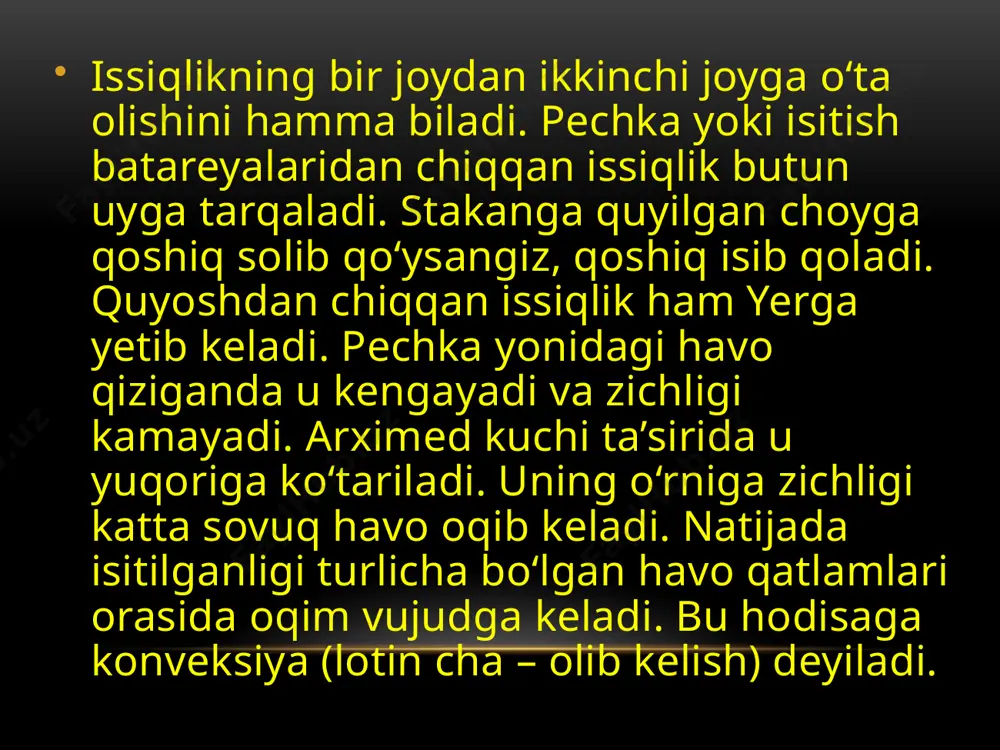 ki qattiq jism molekulalari tebranma harakatda bo’lib turadi. issiqlik o‘tkazuvchanligining katta-kichik ligiga qarab gugurtlar birin-ketin tushib ketgan ligini ko‘ramiz. jadvalga qarab gugurtlar qaysi tartibda tushishini ayting modda issiqlik o‘tkazuvchanlik, w/(m · k) modda issiqlik o‘tkazuvchanlik, w/ (m · k) alyuminiy mis po’lat temir kumush qo’rg’oshin 209 395 50 73 418 35 g’isht(qizil) beton qog’oz suv havo paxta 0,77 0,11-2,33 0,140 0,600 0,25 0,042 suyuqliklarning issiqlikni qanday o‘t kazishini o‘rga nish uchun quyidagicha tajriba o‘tkazaylik. uzun pro birka olib, uning tagiga muz bo‘laklarini solaylik. usti dan esa metall sharcha bilan bostirib qo‘yaylik. sharcha ustidan suv quyib, rasmda ko‘rsatilgan holat da yuqori qismidan qizdiraylik. dastlab suv isib bug‘ lanadi, so‘ngra yuqori qismi qaynay bosh lasada, probirka tagidagi muz erimasdan turadi (76-rasm). sababi haqida o‘ylab ko‘ring. amaliy topshiriq uyingizni isitilish chizmasini chizing. uning qanchalik to‘g‘ri bajaril ganligini o‘rganib ko‘ring. nazorat savollari 1. uy derazalariga «fortochka»lar nima sababdan yuqori qismiga qo‘yiladi? 2. nima sababdan …