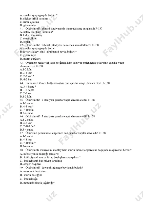 elgi tán bolıp tabıladı 119 a. temperaturanıń kóteriliwi* b. iyis seziwdiń buzılıwı c. infiltraciya d.poliplar 59. isiniw procesi qanday etip jutqınshaqtan orta qulaqqa tarqaladı 119 a. limfogen jol b. esitiw trubası arqalı* c. qulaq perdesi arqalı d. murın arqalı 60. ótkir rinitti emlew usılı 119 a. stacionar b. xirurgik c. ambulator * d. vazotomiya 61. ótkir rinittiń 1-basqıshında qanday dáriler qollanıladı. 120 a. jergilikli tásirge iye preparatlar * b. qan tamırlardı tarayıttırıwshı dáriler c. isiniwge qarsı dáriler d. antigistaminler 62. ótkir rinitte bas awrıwı ushın ne buyrıladı 120 a. demidrol b. azitromicin c.paracetamol * d. ketonal 63. ótkir rinittiń 2-basqıshında murınnan dem alıwdı qayta tiklew ushın qanday dáriler qollanıladı 120 a. jergilikli tásirge iye preparatlar b. qan tamırlardı tarayıttırıwshı dárilar* c. antigistaminler d. isiniwge qarsı dáriler 64. fizioterapiya emlewlerinen ótkir rinitte ne qollanıladı 120 a. murın bólimine uhf * b. lazer terapiyası c. ufn d. iyne terapiyası 65. ótkir rinittiń …