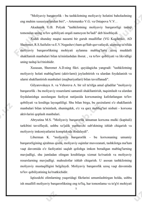 tashqi omillarning keskin o'zgarishidan himoya qiluvchi ma'lum xavfsizlik chegarasining natijasidir. amaliyot shuni ko'rsatadiki, korxonalar ishining barqarorligi moliyaviy resurslarning mavjudligi va ularning tuzilishi, kreditorlar va investorlarga bog'liqlik darajasi bilan bog'liq. agar "kapital - qarz mablag'lari" tuzilmasi qarzga qarama-qarshi bo'lsa, unda bunday korxona bankrot bo'lishi va o'z faoliyatini to'xtatishi mumkin. tashkilotning moliyaviy barqarorligiga bir qator omillar ta'sir qiladi, ularni ajratish mumkin: kelib chiqish joyiga ko'ra - tashqi va ichki; natijaning ahamiyati bo'yicha - asosiy va ikkilamchi bo'yicha; tuzilishi bo'yicha - oddiy va murakkabga; harakat vaqti bo'yicha - doimiy va vaqtinchalik. tahlil asosiy e'tiborni qaratadi ichki xo'jalik yurituvchi sub'ektning faoliyatiga bog'liq bo'lgan, u ta'sir qilish, o'z ta'sirini to'g'rilash va ma'lum darajada ularni boshqarish qobiliyatiga ega bo'lgan omillar. ichki omillarga quyidagilar kiradi: tashkilotning sanoatga tegishliligi; mahsulotlar (xizmatlar) tarkibi, tovarlar assortimenti, ularning umumiy samarali talabdagi ulushi; to'langan miqdor ustav kapitali; xarajatlarning qiymati, ularning dinamikasi bilan solishtirganda pul daromadlari; mulk va moliyaviy resurslarning, shu jumladan, zahira …