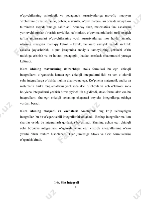 uvchi f vector maydonning oqimi deb ataladi. sirt integralining ta’rifidan, agar sirt qismlarga bo’linsa, u vaqtda ekanligi chiqadi. 2.1.2-rasm n birlik vektorni uning koordinata o’qlaridagi proeksiyalari orqali ifodalaymiz: f va n vektorlarning proeksiyalari orqali ifodalarini (2) integralga qo’yib mana buni hosil qilamiz: ko’paytma yuzning oxy tekislikdagi proeksiyasidir (2.1.2-rasm). shu kabi muhokama quydagi ko’paytmalar uchun ham to’g’ridir. bu yerdagi lar yuzning koordinata tekisliklaridagi proeksiyalari. bunga asosan (2’) integralni boshqacha shakilda ham yozsa ham bo’ladi: egri sirt bo’yicha olingan integralni hisoblash tekis soha bo’yicha olingan ikki o’lchovli integralni hisoblashga keltiriladi. masalan, ushbu integralni hisoblash usulini ko’rsatamiz. sirt shunday bo’lsinki, oz o’qqa parallel har qanday to’g’ri chiziq uni bitta nuqtada kesib o’tsin. bu holda sirtning tenglamasini quydagi shakilda yozish mumkin: sirtning oxy tekislikdagi proeksiyasini d bilan belgilasak (sirt integralining ta’rifiga asosan): so’ngra 2.1-paragrafdagi (2.1.4) formulaning oxirgisini hisobga olib, quydagini hosil qilamiz: oxirgi ifoda esa funksiyadan d soha bo’yicha olingan ikki o’lchovli integralning integral …