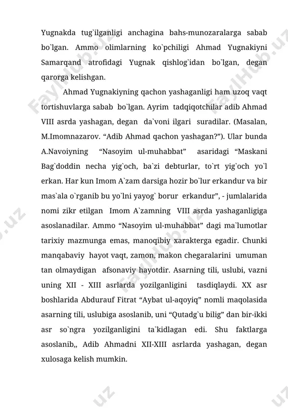 stomatiyasi” da asardan parcha berildi. 1968-,1971-,1972-, 1994-yillarda ushbu asar q.maxmudov tomonidan alohida va turli to`plamlarda bir necha marta nashr qilindi. “hibat ul-haqoyiq” ning badiiy xususiyatlari haqida mulohaza yuritganda, eng avvalo, ahmad yugnakiyning o`z ona tiliga bo`lgan otashin muhabbati, turkiy tilning imkoniyat va nafisliklarini yuzaga chiqarishdagi samimiy intilishini qayd etib o`tmoq lozim. adib ahmad muhim va chuqur ma`noli fikrlarini turkiy tilda ifodalashni asl maqsad qilib qo`ygan. shu tufayli o`z ijodining katta qismini turkiy til taraqqiyotiga baxshida etdi. bu haqda u shunday deydi: anin uz erur bu kitob bir so`zug, to`lulab keturdim kemishtim yuzug. mazmuni: bu kitob shuning uchun ham nafisdirki, har bir so`zni to`latib yozdim, keraksiz, yuzaki so`zlarni tashladim. “hibat ul-haqoyiq” dagi so`z qo`llash iqtidori, vazn, qofiya va radifdan o`rinli foydalanish mahorati shoirning she`riyat qonun-qoidalarini chuqur o`zlashtirganligidan dalolat beradi. asarning dastlabki uch bobi qofiya jihatdan bir butunlikni tashkil etib, dastlabki ikki misra o`zaro qofiyalanadi, boshqa baytlarning ikkinchi misralari ularga uyg`unlashadi. quyidagi …