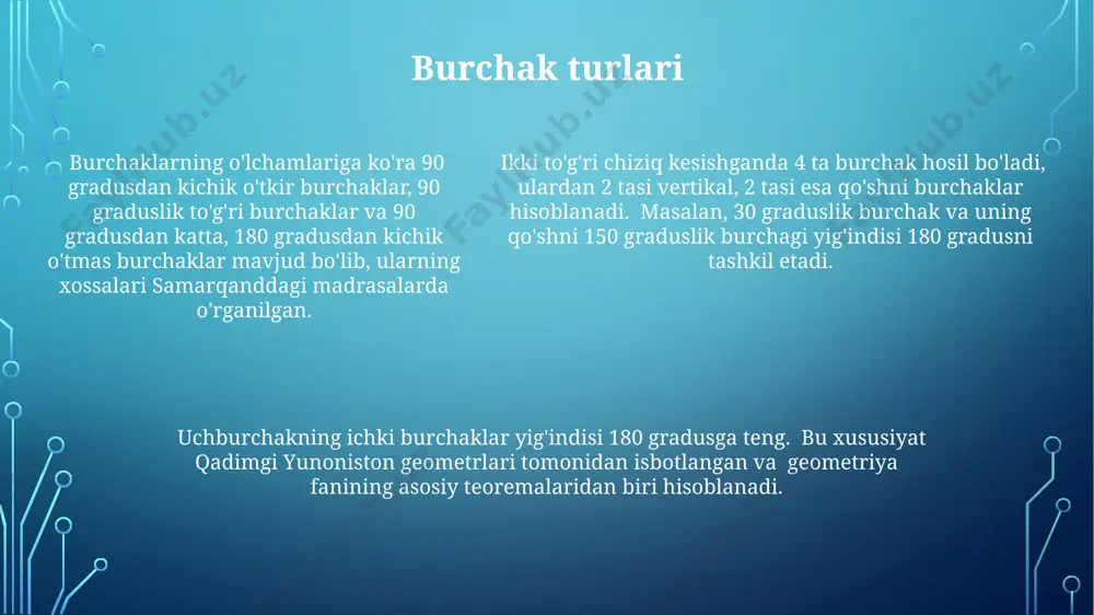 o'llaniladigan muhim teorem hisoblanadi. asosiy tushunchalar evklid geometriyasining asosiy tushunchalaridan biri nuqta, toʻgʻri chiziq va tekislik boʻlib, ularning oʻzaro munosabatlari 5 ta postulat orqali aniqlanadi va 2000 yildan ortiq vaqt davomida geometriya asosini tashkil etadi. evklid geometriyasida parallel chiziqlarning xossalari, ikki parallel toʻgʻri chiziqni kesuvchi uchinchi toʻgʻri chiziq bilan hosil boʻlgan burchaklarning oʻzaro munosabatlari, masalan, 180 graduslik toʻgʻri burchak, matematikaning turli sohalarida, shu jumladan, kartografiyada qoʻllaniladi. uchburchak, toʻrtburchak kabi geometrik figuralarni oʻrganishda, masalan, 3 ta tomoni va 3 ta burchagi boʻlgan uchburchakning xossalari, pythagoras teoremasi kabi muhim teoremalar, qadimgi yunoniston matematiklarining kashfiyotlariga asoslanadi. e'tiboringiz uchun rahmat @taqdimot_robot image1.png image2.png image3.png image4.png image5.png