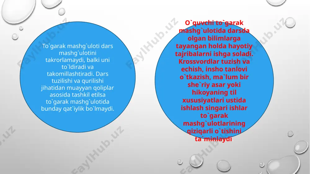 a, ularni taklif etish juda katta tarbiyaviy ahamityaga ega. o`tkir zehnlilar mushoirasining mavzusi ham 1-1,5 oy oldin e`lon qilinadi. bellashadigan guruhlar o`zlariga sardor belgilaydilar. mushoira shartlari asosida har bir guruh mustaqil tayyorgarli ko`radi. mushoira odatda guruhlarning o`zaro tabrigi bilan boshlanadi. asosiy qism savol-javobdan iborat. savollar o`qituvchi yoki bellashayotgan guruhlar tomonidan tuzilishi mumkin. hakamlar tabrik so`zzi va har bir savol-javobga tegishli ball qo`yishadi hamda ular e`lon qilib boriladi. mushoira ona tilining muayyan bir bo`limi yoki bir necha kichik mavzularni o`z ichiga olishi mumkin. masalan, “orfografiya”, “to`g`ri talaffuz me`yorlari”, “so`zning shakl va ma`no munosabatlari”, “so`zlarning o`zaro birikishi”, “sodda gap turlari”, “qo`shma gap tarkibidagi sodda gaplarning o`zaro birikishi usullari” kabi. so`zlar olamiga sayohat. bu tadbir o`quvchilarning so`z zahirasini oshirishga qaratilgan tadbirdir. o`quvchilar darsdan keyingi bo`sh vaqtlarida so`zlarning etimologiyasi, ularning leksik ma`nosi olamiga sayohat qilishadi. tilimizdagi so`zlar juda katta xazina bo`lganligi sababli, o`qituvchi qaysi uyadagi so`zlart (har bir tadbirda taxminan 50-60 so`z) yuzasidan o`quvchilarning …