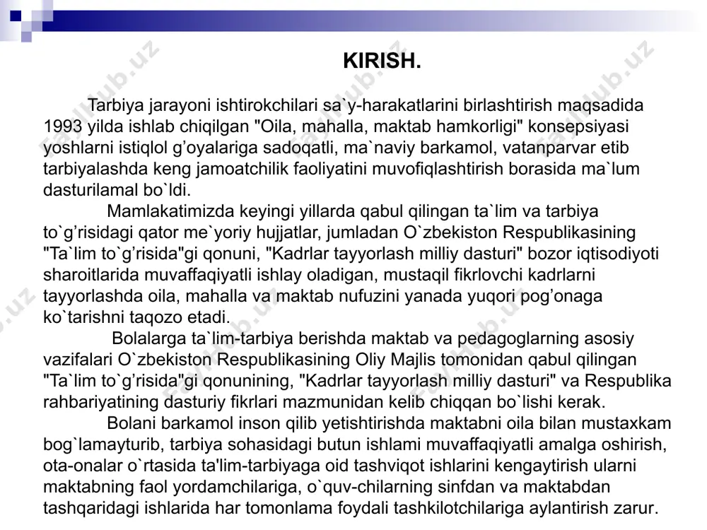 a oilada tarkib topgan did, farosat, aql, odob, emotsional madaniyatga muhtojlik sezilmoqda. estetik, axloqiy va boshqa tarbiya sifatlari kundalik hayot ehtiyojga aylanib bormoqda. tabiiyki, bunday sifatlarga oilaviy tarbiya orqali asos solinadi, kamol toptiriladi. to`g`ri, bunda ijtimoiy tarbiyaning o`mini inkor etib bo`lmaydi. ana shu nuqtai nazardan ulaming monolit birligiga, o`zaro hamkorliklariga asoslansak, barkamol inson tarbiyasida muvaffaqiyatlarga erishish mumkin. oilaviy tarbiya pedagogika fanida murakkab muammolardan biridir. uning murakkabligi shundaki, har bir oila o`ziga xos ibtidoiy guruh bo`lib, tarbiyada faqat mazkur guruhga xos xususiyatlarga asoslanadi bola tarbiyasi yuzasidan oila, maktab va jamoatchilik hamkorligi hozirgi kunimizning dolzarb masalaligi ham mana shundadir. chunki, birinchidan, bola tarbiyasida oila, maktab va jamoatchilik hamkorligining o`zi murakkab jarayon bo`lib, bunda muallim-lardan tashqari ishlab chiqarish jamoalari vakillari, yoshlar, kasaba uyushmalari ishtirok etadilar. ikkinchidan, ota-onalar va qarindosh-uruo`lar turli mehnat jamoalarining vakillari bo`lib, ishlab chiqarish va yor-u do`stlarining ma'naviy hayotlaridagi omillarni muhokama qiladilar, ularning hayotga, san'atga, oilaviy majburiyatlarga bo`lgan munosabatlari haqida gapiradilar. …