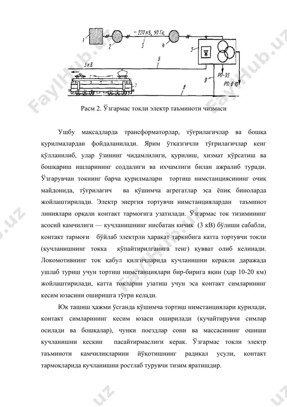 ҳаракат таркибида ўзгартиришлар чақирмайди, бироқ, унинг камчилиги махсус таъминловчи симли осма кераклигидир. ўзгарувчан токли участкаларда локомотивлар статистик ўзгартиргич ва пульсланувчи ток двигатели билан ишлайди. ҳозирда коллекторсиз двигателли (асинхрон ва вентил-моторли) кучли электровозларнинг тажриба намуналари яратилган. ўзгарувчан токда ҳаракатланувчи таркибнинг ўзига хослиги шундаки, уларни тиристорли ўзгартиргичлар, электрон бошқарув тизими ва бошқалар қўллаш ҳисобига такомиллаштириш мумкин. темир йўл яқинида жойлашган металл иншоот ва коммуникацияларга ўзгарувчан ток электр магнит таъсир кўрсатади. натижада, уларда хавфли кучланиш пайдо бўлади, алоқа ва автоматика линияларида эса нормал ишлашга халақит пайдо бўлади. шунинг учун иншоотларни ҳимоялашнинг алоҳида тадбирлари ишлаб чиқилади, алоқа ҳаво линиялари эса кабелли ёки радиорелели турига алмаштирилади, автоматика реконструкцияланади. буларга электрлаштириш умумий нархининг 20-25% сарф қилинади. автоматика ва телемеханика воситалари электрлаштирилган темир йўл электр таъминоти қурилмаларининг ажралмас қисми ҳисобланади. контакт тармоқларининг ўзгармас ва ўзгарувчан токда электрлаштирилган линияларини туташтириш махсус жиҳозланган туташув темир йўл станцияларида амалга оширилади ёки ўзгармас ва ўзгарувчан токда ишловчи икки таъминотли электровозлар ишлатилади. …