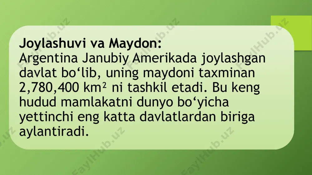 atta ulushini tashkil etadi. bu sohalarda, ayniqsa, buenos-ayres kabi yirik shaharlar markaziy rol o‘ynaydi. energetika va resurslar: neft, gaz va minerallarni qazib olish argentina iqtisodiyotining ixtisoslashgan sohalari qatoriga kiradi. ushbu sektorlar mamlakatning tabiiy resurslar bazasini eksport salohiyatini oshirishda muhim o‘rin egallaydi. qishloq xo‘jaligi mahsulotlar va eksport salohiyati: argentina dunyoda yetakchi qishloq xo‘jaligi davlatlaridan biri hisoblanadi. soya, bug‘doy, makkajo‘xori, shuningdek, go‘sht mahsulotlari – ayniqsa qoramol go‘shti – eksportning asosiy tarkibiy qismini tashkil etadi. ushbu sektor nafaqat oziq-ovqat xavfsizligini ta’minlaydi, balki mamlakat iqtisodiyotiga muhim valyuta daromadlari keltiradi. sanoat sanoat tarmoqlari va modernizatsiya: mamlakat sanoat sektori avtomobilsozlik, oziq-ovqat qayta ishlash, metallurgiya, kimyo sanoati va boshqa ko‘plab tarmoqlarni o‘z ichiga oladi. ushbu soha xorijiy investitsiyalar, innovatsion texnologiyalar va modernizatsiya jarayonlari yordamida rivojlanmoqda, bu esa sanoatning diversifikatsiyasi va ichki ishlab chiqarishning modernizatsiyasiga xizmat qiladi. moliyaviy, turizm va sog‘liqni saqlash: xizmatlar sektori argentina iqtisodiyotining eng katta ulushini tashkil etadi. bank va sug‘urta tizimlari, turizm, ta’lim va …