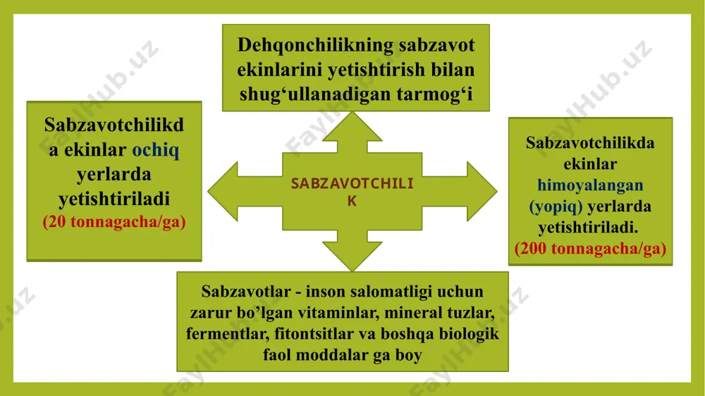 a osiyo xo’jaligi tarixi tugrisida “ziroatnoma” (fann-i kishtu ziroat) da batafsil ma’lumotlar keltirilgan. unda o`tmishda yashagan bobo-dexqonlarning ming yillar davo- mida orttirgan tajribalari aks ettirilgan. ular qimmatbaxo ahamiyatli mevali daraxtlar, poliz va sabzavot ekinlarining navlarini yaxshilash, yaratish, zararkunanda-kasalliklariga qarshi kurashish, muttasil, mul va uzoq tashish hamda saklashga yarokli hosil olish usullarini ishlab chikkanlar. ilmiy sabzavotchilikning rivojlanishi a.t.bolotov, a.ye.grachev, r.i.shreder, m.v.ritov, n.i.kichunov, s.i.jegalov, n.i.vavilov, v.i.edelshteyn kabilarning nomlari bilan bogliq. a.t.bolotov (1738-1833) umumiy agronomiya ishlari bilan birga o`z vaqtida muxim ahamiyatga ega bo`lgan sabzavot ekinlari bo`yicha ham maqolalar chop etadi. a.ye.grachev (1826 - 1877) o`zi o`qib o`rganib yetishgan atoqli sabzavotkor olim bo`lib, sabzavot ekinlarining ko`pgina qimmatli navlarini yaratadi. r.i.shreder (1822 - 1903) - petrov o`rmonchilik va dexqonchilik akademiyasi (hozirgi k.a.timiryazov nomli moskva qxa) ning o`qituvchisi bulib, uzining “russkiy ogorod, pitomnik va plodoviy sad” asarida rus sabzavotkorlari tajribasini umum- lashtiradi. m.v.ritov (1846-1920) gori - goreskiy dexkonchilik bilim yurti (hozirgi belorussiya qxa) ning professori …