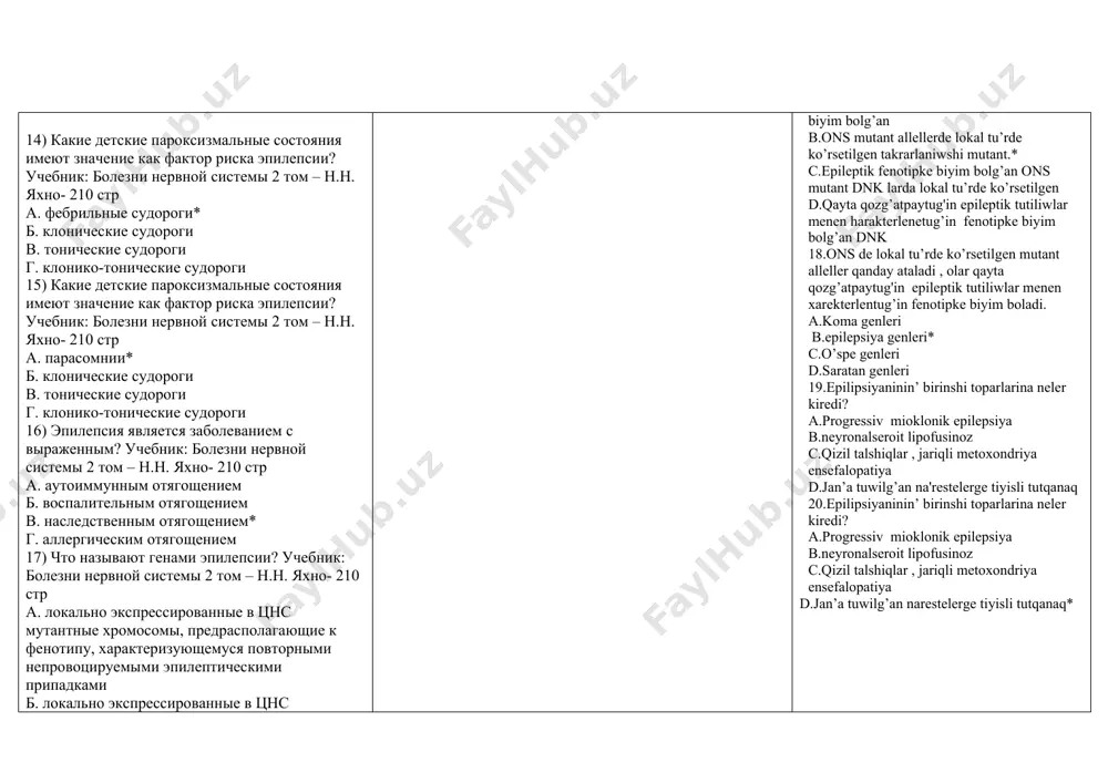 d. 3% 4. miya kasalliklar orasida 3- ŏrin nima ? a. epilepsiya * b. koma c. stupor d. sopor 5. epilepsiya epileptik sindromlar va ular bilan boĝliq proksimal kasalliklarning xalqaro tasnifiga nimalar kiradi ? a. epilepsiya tarqalishi, umumiy epilepsiya b. mahalliy epilepsiya, umumiy epilepsiya va sindromlar , epilepsiya va sindromlar aniq tasniflangan fokal va umumiy c. mahalliy epilepsiya,umumiy epilepsiya va sindromlar, fokal yoki umumiylashtirilgan deb aniq tavsiflanmagan epilepsiya va sindromlar* d. õziga hos sindromlar , mahalliy epilepsiya, umumiy epilepsiya va sindromlar, fokal yoki umumiylashtirilgan deb aniq tavsiflanmagan epilepsiya va sindromlar nospetsifik sindromlar 6) epilepsiya, epileptik sindromlar, ularga bog‘liq bo‘lgan paroksismal kasalliklarni tasniflashning asosiy omillari nimalardan iborat? a. tarqalishi va kelib chiqishi * b. simptomatik va patogenetik, klinik va rentgenologik; kasallikning og'irligi va bosqichi c.klinik va rentgenologik jihatdan d.kasallikning og'irligi va bosqichi 7. epilepsiya etiologiyasining asosiy omillari nimalardan iborat ? a. irsiy omil va miyaning organik shikastlanishi * b. yuqimli va …