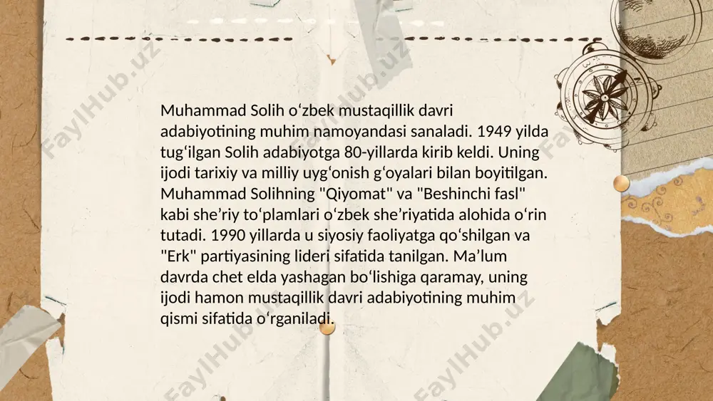 lqaro mukofotlarga, jumladan, "jahon adabiyoti" mukofotiga sazovor bo‘lgan. uning asarlari bir necha tillarga tarjima qilingan. ... t.me/slaydai_bot 7. muhammad soligning milliy yaqinlik goyalari muhammad solih milliy yakdillik g‘oyalariga katta e’tibor beradi. u 1990-yillarda "erk" muxolifat partiyasini tashkil qilib, o‘zbekistonning mustaqilligi va milliy yakdillik g‘oyalarini ilgari surdi. solih siyosiy va ijtimoiy barqarorlikni mustahkamlash uchun aholining birligi va millatlararo hamjihatlikni rag‘batlantirish muhimligini ta’kidlaydi. uning fikricha, millatni birlashtirish iqtisodiy taraqqiyot va madaniy yutuqlar uchun zamin hozirlaydi. solihning g‘oyalari aholini yakdil, kuchli va birlashgan holda bir maqsad sari harakat qilishga undaydi. ... t.me/slaydai_bot muhammad solih o'zbek adabiyotida tanikli shoir va siyosiy arbob boulib, 1990-yil "erk" demokrat partiyasiga asos lied. o'z asarlarida milliy va tiklanish goyalari bor. uning "vatan" shiori va izhtimoiy adolat goyalari uzbek adabiyotida muxim o'rin tutadi. muhammad soliy 1949 yilda tug'ilgan bo'lib, uning siyosiy faoliyati natijasida bir necha samarali qatag'on qilingan. uning sheiriyatida ichki erkinlik, halq huquqlarini himoya qilish va g'ayratli turmush …
