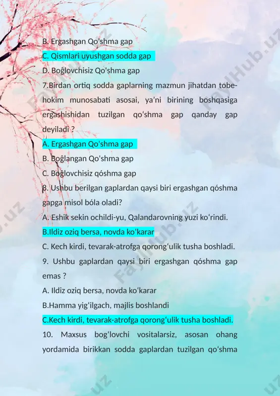 qo‘yiladi? a. vergul b. tire c. ikki nuqta d. nuqtali vergul 13. agar bog‘lovchisiz qo‘shma gap qismlari o‘zaro mazmunan bir-biridan ancha uzoq bo‘lsa, ular orasiga qaysi tinish belgi qo‘yiladi? a. vergul b. tire c. nuqtali vergul d. ikki nuqta 14. bog‘lovchisiz qo‘shma gapning ikkinchi qismi birinchi qismining sababini bildirsa, izohlasa, to‘ldirsa, ular orasiga .......... qo‘yiladi a. vergul b. tire c. ikki nuqta d. qavs 15. agar bog‘lovchisiz qo‘shma gap qismlari o‘zaro zidlik, o‘xshashlik yoki shart munosabatiga kirishgan bo‘lsa, ular orasiga ...... qo‘yiladi: a. nuqta b. vergul c. tire image1.png image2.jpeg