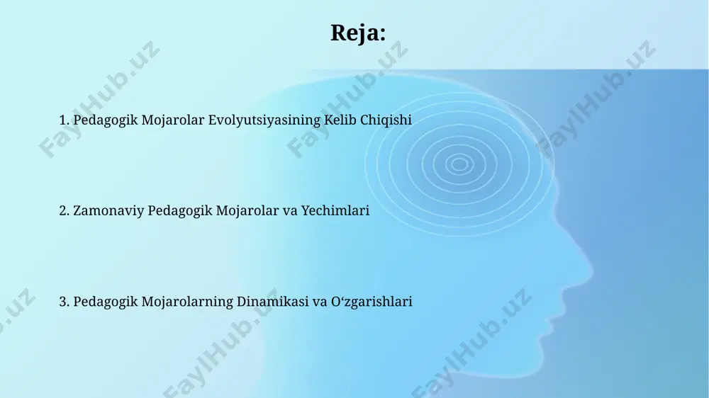 o’zgarishi bilan bog’liq yangi mojarolar, 30% ga yaqin holatlarda kuzatilmoqda. bahs-munazaralar va konfliktlarni hal qilish mexanizmlari pedagogik konfliktlarni hal qilishning samarali mexanizmlari sifatida, mediatorlik yondashuvi va 5 bosqichli muloqot modeli kabi konstruktiv usullarni qo'llash taklif qilingan. “bahs-munazaralar va konfliktlarni hal qilish mexanizmlari” tadqiqotida, 30 dan ortiq maktabda o'tkazilgan so'rovnomalar natijalariga ko'ra, 70% pedagogik konfliktlar o'qituvchilar va o'quvchilar o'rtasidagi noto'g'ri muloqotdan kelib chiqqani aniqlangan. an'anaviy pedagogik paradigmalar va mojarolar o'quvchilarning faol ishtiroki cheklangan bo'lib, baholash asosan yodlash va takrorlashga asoslangan, bu esa o'quv jarayonida 50% ga yaqin mojarolarni keltirib chiqargan. an'anaviy paradigma doirasida o'qituvchi-o'quvchi munosabatlaridagi nosimmetriklik va demokratik bo'lmagan muhit, o'quvchilarning o'ziga xos xususiyatlarini inobatga olmagan holda, 70% dan ortiq konfliktlarga sabab bo'lgan. pedagogik mojarolarning ijobiy aspektlari o'qituvchi va talaba o'rtasidagi konstruktiv mojaro, 30% ga yaqin hollarda, o'quv jarayonini boyitadi va yangi g'oyalarni paydo bo'lishiga sabab bo'ladi, dastlabki ta'lim rejasiga qo'shimchalar kiritishga turtki bo'lishi mumkin. pedagogik mojaroning ijobiy aspekti sifatida, 20% …