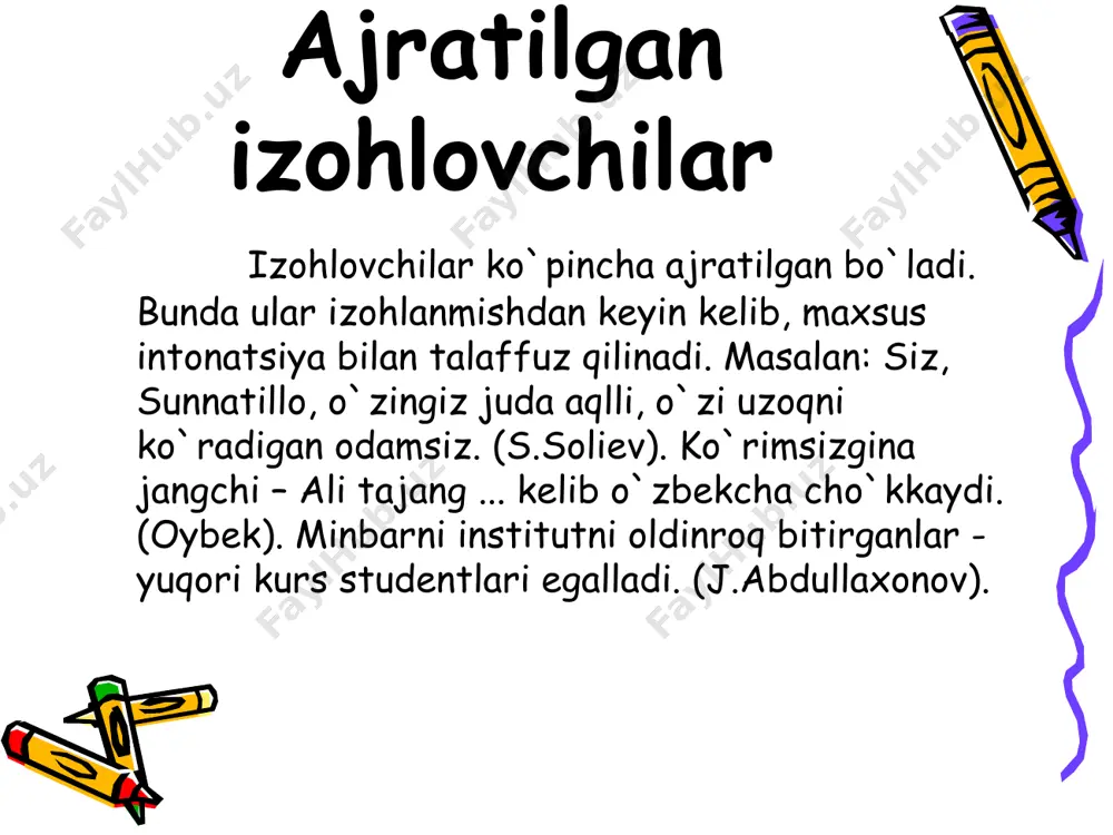 unlaridan birida, ikki otliq qishloqdan chiqib, tog’ga qarab yo‘l oldi. (o. yo.) 2-mashq. bosh bo’laklar ajratilgan gaplarni aniqlab, ularni tahlil qiling. 1. qudratillaxo’janing xotini – hojarbibi o’g’lidan xursand edi. (as.m.) 2. hokimning bunday holini kuzatib turgan ikki do’sti – shohmurod ko’histoniy bilan ibrohim do’lday iljayishib hokim yoniga kirib kelishardi. (mirm.) 3. hozirgina kelib to’xtagan oq “volga”ning shofyori – novcha, barvasta yigit kabinadan chiqib turgan ekan. (h.g’.) 4. ariqda suv tiniq, qirg’oq – maysazor ham ko’m-ko’k. (h.g’.) 5. bu yerdan ko’cha – yangi posyolkaning shu ko’klamda ochilgan birinchi ko’chasi – navbahor yaqqol ko’rinib turar edi. (h.g’.) 6. bu suv, ya’ni besh foizgacha mineral tuzlari bo’lgan bu oqava suvlar yerga qanday ta’sir etarkin. (o.y.) 7. onam, mehribonim, keldi. 8. sobir, ukam, injener bo’ldi. 9. duradgor, amakim, kecha mukofot oldi. 10. ukam, qo’zichog’im, orom olib uxlayapti. 3-mashq. ajratilgan qaratqich aniqlovchisini topib, qaysi so‘zni izohlayotganini ayting; ularni qaralmish bilan birga ko‘chiring. 1. biz, ana …