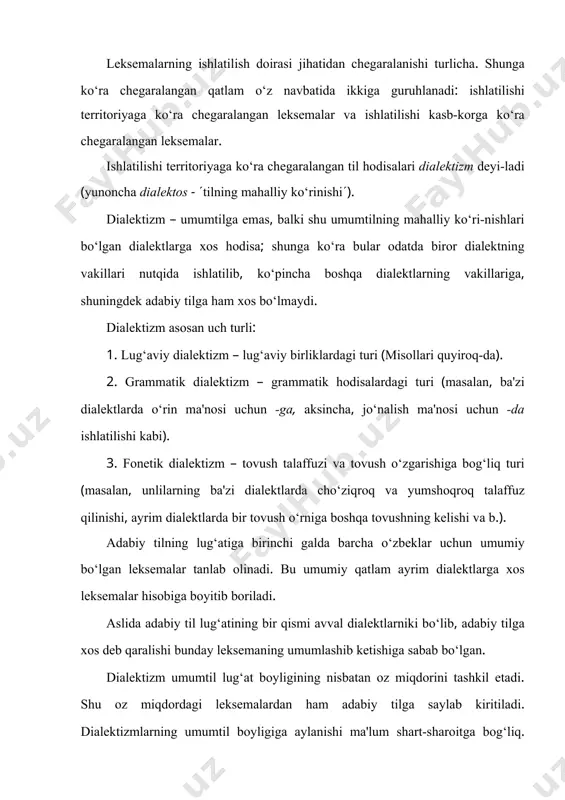 umtil boyligiga aylanishi ma'lum shart-sharoitga bog‘liq. masalan, shu dialektizm anglatgan ma'no uchun adabiy tilda boshqa nom bo‘lmasligi kerak; agar adabiy tilda shunday ma'noni anglatuvchi leksema bo‘lsa, yangi qabul qilinayotgan leksema leksik ma'no qirrasida, baho semasida, nutq ko‘rinishlariga xoslanish belgisida va boshqa jihatlarida ayrimlikka ega bo‘lishi lozim. biror dialektizmning adabiy tilga ko‘chishini boshqa bir hodisadan – dialektizmning badiiy asarda ishlatilishidan farqlash kerak. badiiy asarda ishlatilgan har bir leksema adabiy tilga qabul qilingan deb qaralmaydi. badiiy asar voqelikni qanday bo‘lsa – shunday aks ettirishi sababli unda til hodisalari ham o‘z tabiiy holatida namoyon bo‘ladi. agar dialektizm biror muallif asarida-gina uchrab qolmay, barcha ishlatadigan lug‘aviy birlikka aylansa, umumlashib ketsa, shunda bunday birlik adabiy tilga kirib boradi. aks holda, badiiy asarda ishlatilganidan qat'i nazar, dialektizmligicha qolaveradi. masalan, abdulla qahhor o‘z povestini ("sinchalak") dialektizm bilan atadi, bu leksemani povest matnida ham ishlatdi. lekin shu bilan sinchalak- leksemasi adabiy til lug‘atiga o‘tdi deb bo‘lmaydi, albatta (adabiy …