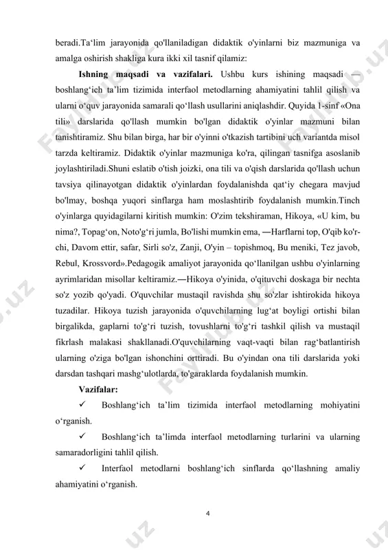 ‘qituvchilarga dars jarayonida interfaol metodlardan samarali foydalanish imkonini yaratadi va o‘quvchilarning o‘qishdagi faolligini oshirishga yordam beradi. i bob. boshlang‘ich ta’limda interfaol metodlarning nazariy asoslari 1.1. interfaol metodlarning mohiyati va turlari boshlang‘ich ta’limda o‘quvchilarni faollashtirish, ularning qiziqishlarini oshirish va ta’limdagi samaradorlikni oshirishda interfaol metodlarning muhim ahamiyati bor. interfaol metodlar — bu o‘quvchilarning o‘qish jarayonida faol ishtirok etishini ta’minlovchi metodlar bo‘lib, ularning o‘z fikrlarini erkin ifoda etishlariga, suhbatlarga qatnashishlariga, muammolarni hal qilishda mustaqil fikrlashga undaydi. ushbu metodlar orasida quyidagilarni ajratish mumkin: guruhli ish — o‘quvchilarni kichik guruhlarga bo‘lish va ularni muayyan vazifani bajarish uchun birlashtirish. muammoli ta’lim — o‘quvchilarga real hayotdagi muammolarni yechish uchun bilim va ko‘nikmalarni ishlatishga imkon berish. o‘yin texnologiyalari — o‘quvchilarga o‘yin asosida yangi bilimlarni o‘rganishga yordam beradigan metodlar. zamonaviy sharoitda ta’lim samaradorligini oshirishning eng maqbul yo’li- bu mashg’ulotlarning interfaol metodlar yordamida tashkil etish deb hisoblanmoqda. demak, bizda interfaol metodlar deganda nimani tushunamiz? ular qanday didaktik imkoniyatlarga ega? ta’lim …