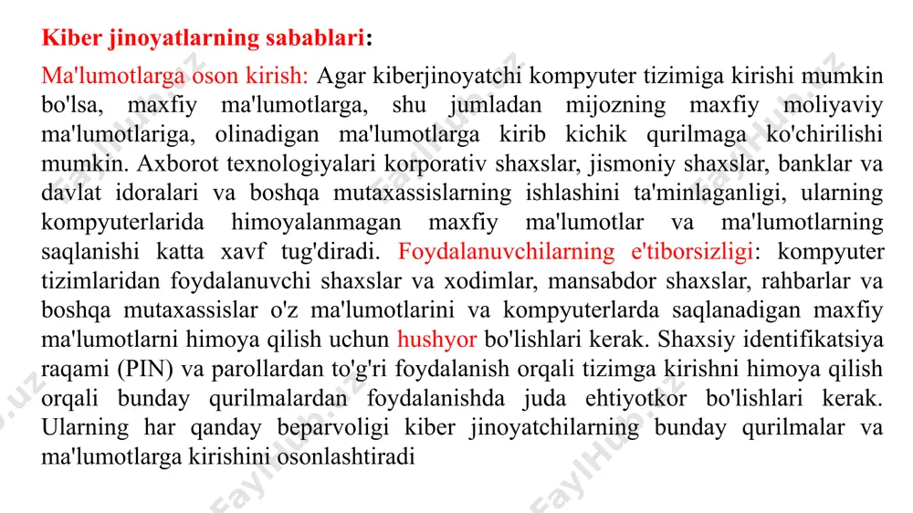 lar, p&l hisoblari va boshqa nozik ma'lumotlarni tayyorlash uchun ko'plab operatsion tizimlardan foydalanganligi sababli core banking solutions tizimi ulardan foydalanish imkonini beradi rtgs, neft, ecs va boshqa tizimlarga ruxsatsiz kirishning oldini olish uchun samarali boshqaruv bo'lishi kerak. operatsion tizimlarga kirish ruxsatnomalar asosida kirishni ikki tomonlama boshqarishga ega bo'lishi kerak. jismoniy shaxslarga/mulkka qarshi kiber jinoyatlar: kiber ta'qib - bolalar pornografiyasi va elektron pochta bilan bog'liq jinoyatlar kabi jinoyatdir. ular nazorat qilinmasa yoshlarda noxush taassurot qoldirishi mumkin. mulkga qarshi jinoyatlar (barcha turdagi) kompyuter vandalizmi, iprni buzish, internet vaqtini o'g'irlash va hokazolarni o'z ichiga oladi. bu kontekstda "mulk" nafaqat kompyuterlar va uning tarkibiy qismlarini o'z ichiga oladi, balki dasturiy ta'minot, mualliflik huquqlari, patentlar, savdo belgilari, va kirish kodlaridir. ushbu turdagi jinoyatlarni sodir etayotgan jinoyatchilar har doim turli sabablar va maqsadlar bilan tashkilotlarni nishonga oladilar. jamiyatga qarshi kiber jinoyatlar: jamiyat hukumat/lar bilan bir qatorda muhim manfaatdor tomonlardan biridir. hukumatlar bilan harbiylarning nozik veb-saytlari xakerlik …