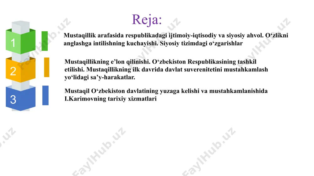 g uchun ham birinchi prezident tomonidan mashhur besh tamoyil asosida butun dunyoda taraqqiyotning “o‘zbek modeli” deb e’tirof etilgan o‘zbekiston iqtisodiyotini tubdan isloh etish va tarkibiy o‘zgarishlarni amalga oshirish dasturi ishlab chiqildi. bu modelning tub negizini “islohot – islohot uchun emas, avvalo inson uchun” degan strategik yo‘nalishni amalga oshirish tashkil etadi. birinchi prezident tashabbusi bilan o‘zbekistonda keng ko‘lamli tarkibiy islohotlar amalga oshirildi, neft kimyosi, kimyo, avtomobil sanoati, qishloq xo‘jaligi va temir yo‘l mashinasozligi, farmatsevtika, elektrotexnika, to‘qimachilik sanoati, zamonaviy qurilish materiallari sanoati kabi yuqori texnologiyalarga asoslangan mutlaqo yangi sanoat tarmoqlariga asos solindi. ustyurt va sho‘rtan gaz-kimyo majmualari, buxoro neftni qayta ishlash zavodi, qo‘ng‘irot soda zavodi, dehqonobod kaliyli o‘g‘itlar korxonasi, andijon, samarqand, toshkent va xorazm viloyatlaridagi avtomobil zavodlari singari dunyo miqyosidagi noyob sanoat obyektlari barpo etildi. www.presentationgo.com by: .com © presentationgo.com konstitutsiyaviy mustaqillik yo‘lidagi ikkinchi huquqiy qadam prezidentlik instituti ta’sis etilishi bilan bog‘liq. yurtimiz hayotidagi bu g‘oyat muhim tarixiy voqea 1990-yil 24-mart kuni …