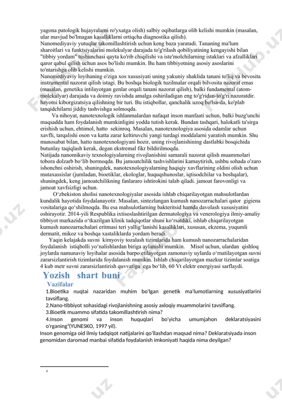 y, yangi nanomediyaviy agentlarning xavfsizligi to'g'risidagi ma'lumotlar hali ham juda cheklangan. agar nanomediyaviy vositalar organizmda uzoq vaqt qolish va ta'sir qilish uchun mo'ljallangan bo'lsa (nanomateriallar, nanozarrachalar, nanosensorlar va boshqalar), ularni uzoq muddatda o'rganish juda zarur bo'ladi. masalan, organizm hujayralariga kirib boradigan nandorilarning uzoq muddatli ta'siri qanday bo'lishini bilish juda muhimdir. ta'kidlash joizki, mavjud ijobiy natijalar hozirgacha qisqa muddatda, shuningdek, asosan sog'lom ko'ngillilarda sinovdan o'tkazildi. etakchi kompaniyalarning yangi nanomikaviy vositalarni tezda yaratish istagi juda tushunarli, ayniqsa uzoq muddatli tadqiqotlar texnik jihatdan murakkab va ayni paytda juda qimmat. biroq, xavfsizlik nuqtai nazaridan, nanomediyaviy ishlanmalarning barcha mumkin bo'lgan xavflari diqqat bilan tekshirilishi kerak. afsuski, nanomediyaviy mahsulotlarni sinovdan o'tkazish va tasdiqlash bo'yicha ko'rsatmalar va tartibga solish mexanizmlari (bu ularning yuqori innovatsion tabiati va etarli bilim bazasini hisobga olmaydi) hali yaxshi ishlab chiqilmagan. shuning uchun nanomikaviy tadqiqotlarda ishtirok etuvchi sub'ektlar haqida batafsil ma'lumot berish ayniqsa dolzarb bo'lib qoladi. xuddi shu narsa yangi nanomikaviy vositalar (masalan, …