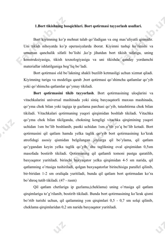 l qatlam qirqimlariga to’g’rilanib, bostirib tikiladi. bunda bort qotirmasining ko’krak qismi bo’rtib turishi uchun, qil qatlamning yon qirqimlari 0,5 - 0,7 sm solqi qilinib, cheklama qirqimlaridan 0,2 sm narida baxyaqator yuritiladi. bort qotirmasi qil qatlam tikilayotganda ,uning yuqori qismiga yelka taglik qo’yib, universal mashinada siniq baxyaqator yuritib, bostirib tikiladi. bunda baxyaqator yelka qirqimi bilan yeng o’mizi qirqimiga 4 sm, yoqa qirqimi o’mizi qirqimiga esa 6 sm yetkazilmaydi, siniq baxyaqatir uchlari orasidaqi masofa 2 sm ga teng bo’lishi kerak. keyin bort qotirmasiga dazmolda yoki maxsus yostiqlari bor pressda namlab– isitib ishlov beriladi. dazmolda ishlov berishda, o’ng va chap tomon bort qotirmalari ularning qil qatlamlari ichkariga qaratib juftlanadi. keyin namlab, ikkala qotirma tomonidan kirishtirib dazmollanadi, shunda ikkila bort qotirmasi simmetrik bo’lib chiqadi va ularning hosil qilingan shakllari turg’un bo’lib qoladi. 47 – rasm. bort qotirmasini tikish a – qil qatlam va yelka taglik qo’yib tikiksh b – qil qatlam va ikkinchi qotirma …