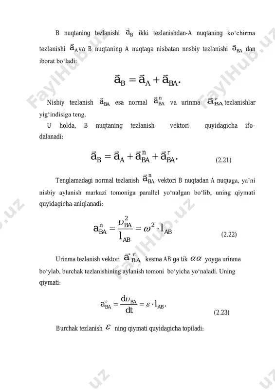  .,;, 21 мм a nмм a an a n bc a n ba     yuqoridagi tenglamaga binoan an ni a vektor kesma uchidan ba ga parallel qilib, b dan a ga tomon 2n ni esa qutbdan bc ga parallel qilib, b dan c tomon yo‘naltiramiz, b ni topish uchun 1an va 2n normal kesmaning ustidan (2.9 v-rasm) shu kesmalarga tik chiziqlar o‘tkazamiz. bu ikki tik chiziq b nuqtadan kesishadi. b kesma ka masshtabda b nuqtaning absolyut tezlanishini beradi. вn1 va вn2 kesmalar ka masshtabda b nuqtaning a va c atrofida aylanishida hosil bo‘lgan tangensial tezlanishlarning haqiqiy kattaliklaridir. burchak tezlanishlarini quyidagicha topiladi: .; ; 2424 bcbcbcbbabababa bс a bc t bc bc ba a ba t ba ba lala l в l a l ba l a           2-masala: berilgan olti zvenoli kulisali richagli mexanizm sxemasi va zvenolarning …