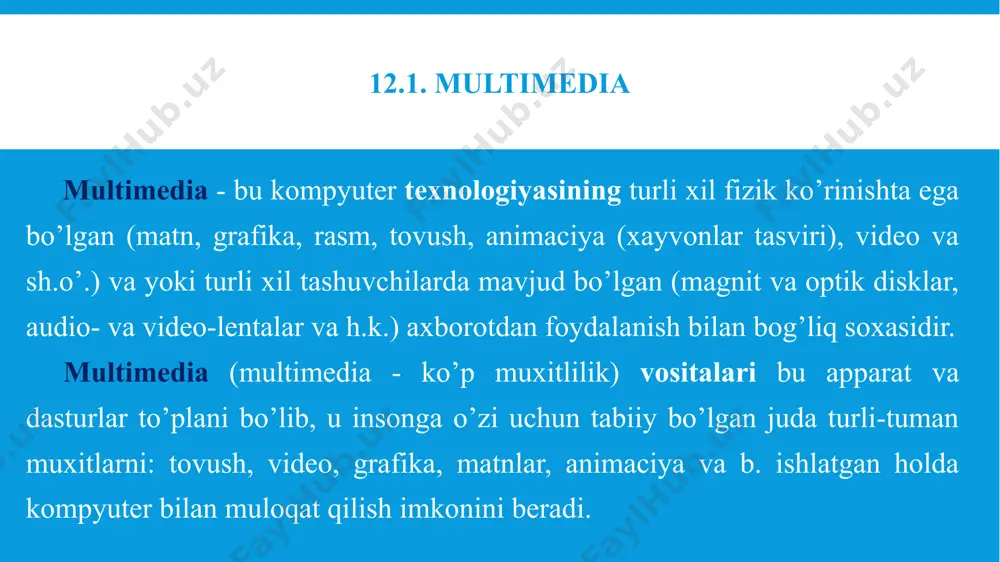 shlatib amalga oshiriladi. operatorda ikkita asosiy elementni: fazali modulyator va eguvchi generatorni ajratish mumkin. fazali modulyator ovozning chastotasini (balandligini), eguvchi generator esa uning amplitudasini (yaxshi eshitilishini) aniqlaydi. 12.3. tovush sintezatori moduli ko’pchilik tovush platalarining tarkibiga quyidagilar kiradi: • turli xil manbalarning signalini aralashtirish qurilmasi - miksher; aralashtiriladigan signallarning amplitudasini boshqarish odatda dasturli usul bilan bajariladi; • modem yoki o’yin portlari; oxirgisi kompyuter o’yinlarini yuqori sifatli tovush bilan jur bo’lishini ta’minlaydi; • balandlikni rostlovchilya signal quvvatini kuchaytirgich (bunday platalar ikki chiqishga ega: chiziqli kuchaytirgichgacha va oxirgi 1 kuchaytirgichdan keyin). 12.4. akustik tizimlar akustik tizimlar (kolonkalar) multimedia tizimining majburiy bo’lmagan, lekin borligi ma’qo’l bo’lgan tashkil etuvchisidir, ularni ishlatganda tovushli axborotni qabul qilish birmuncha yaxshilanadi. kompyuterli akustik tizimlar, odatda, maxsus hi-fi tizimlaridan pastroqdir, lekin eshitib ko’rish sifati ularda etarlicha yaxshidir. akustik tizimlar passiv va aktiv bo’ladi. 12.4. akustik tizimlar passiv akustik tizimlar sozlangan kuchaytirgichga (odatda 4 vattli, har bir kanalga 2 vattdan) va …