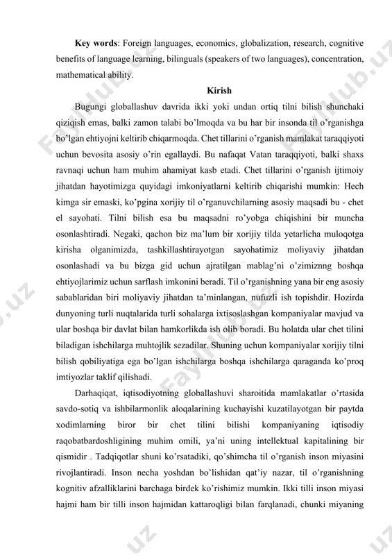 arini o’rganish mamlakat taraqqiyoti uchun bevosita asosiy o’rin egallaydi. bu nafaqat vatan taraqqiyoti, balki shaxs ravnaqi uchun ham muhim ahamiyat kasb etadi. chet tillarini o’rganish ijtimoiy jihatdan hayotimizga quyidagi imkoniyatlarni keltirib chiqarishi mumkin: hech kimga sir emaski, ko’pgina xorijiy til o’rganuvchilarning asosiy maqsadi bu - chet el sayohati. tilni bilish esa bu maqsadni ro’yobga chiqishini bir muncha osonlashtiradi. negaki, qachon biz ma’lum bir xorijiy tilda yetarlicha muloqotga kirisha olganimizda, tashkillashtirayotgan sayohatimiz moliyaviy jihatdan osonlashadi va bu bizga gid uchun ajratilgan mablag’ni o’zimiznng boshqa ehtiyojlarimiz uchun sarflash imkonini beradi. til o’rganishning yana bir eng asosiy sabablaridan biri moliyaviy jihatdan ta’minlangan, nufuzli ish topishdir. hozirda dunyoning turli nuqtalarida turli sohalarga ixtisoslashgan kompaniyalar mavjud va ular boshqa bir davlat bilan hamkorlikda ish olib boradi. bu holatda ular chet tilini biladigan ishchilarga muhtojlik sezadilar. shuning uchun kompaniyalar xorijiy tilni bilish qobiliyatiga ega bo’lgan ishchilarga boshqa ishchilarga qaraganda ko’proq imtiyozlar taklif qilishadi. darhaqiqat, iqtisodiyotning globallashuvi …
